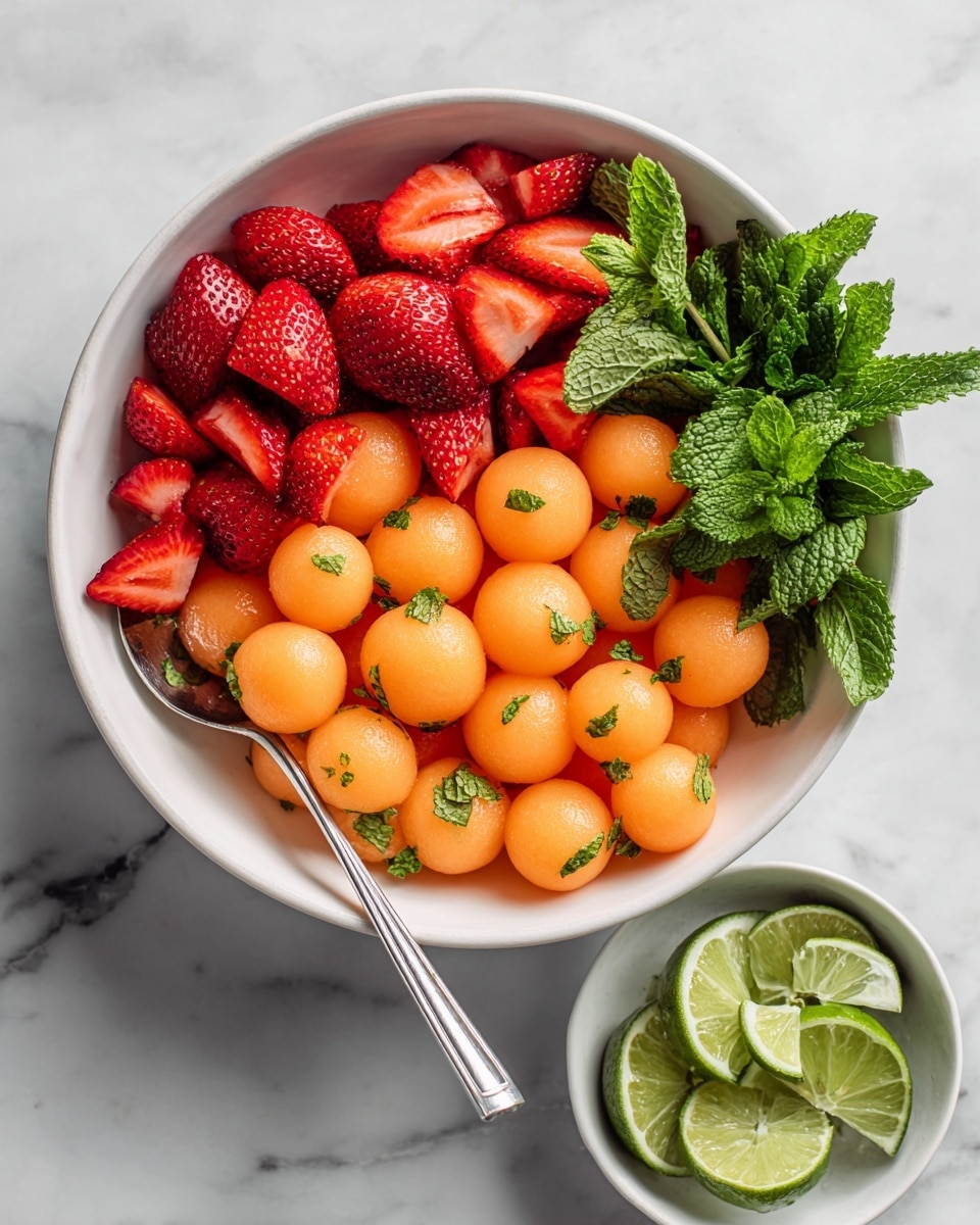 A white bowl holds a fresh fruit salad with two main layers: the first layer has small round orange melon balls with a smooth texture, and the second layer has bright red strawberry pieces cut into quarters with a rough inner texture. Both fruits are mixed and sprinkled with finely chopped green mint leaves. A silver spoon is partially inside the bowl on the right side, with its handle leaning out. The background is a white marbled surface. Photo taken with an iphone --ar 4:5 --v 7