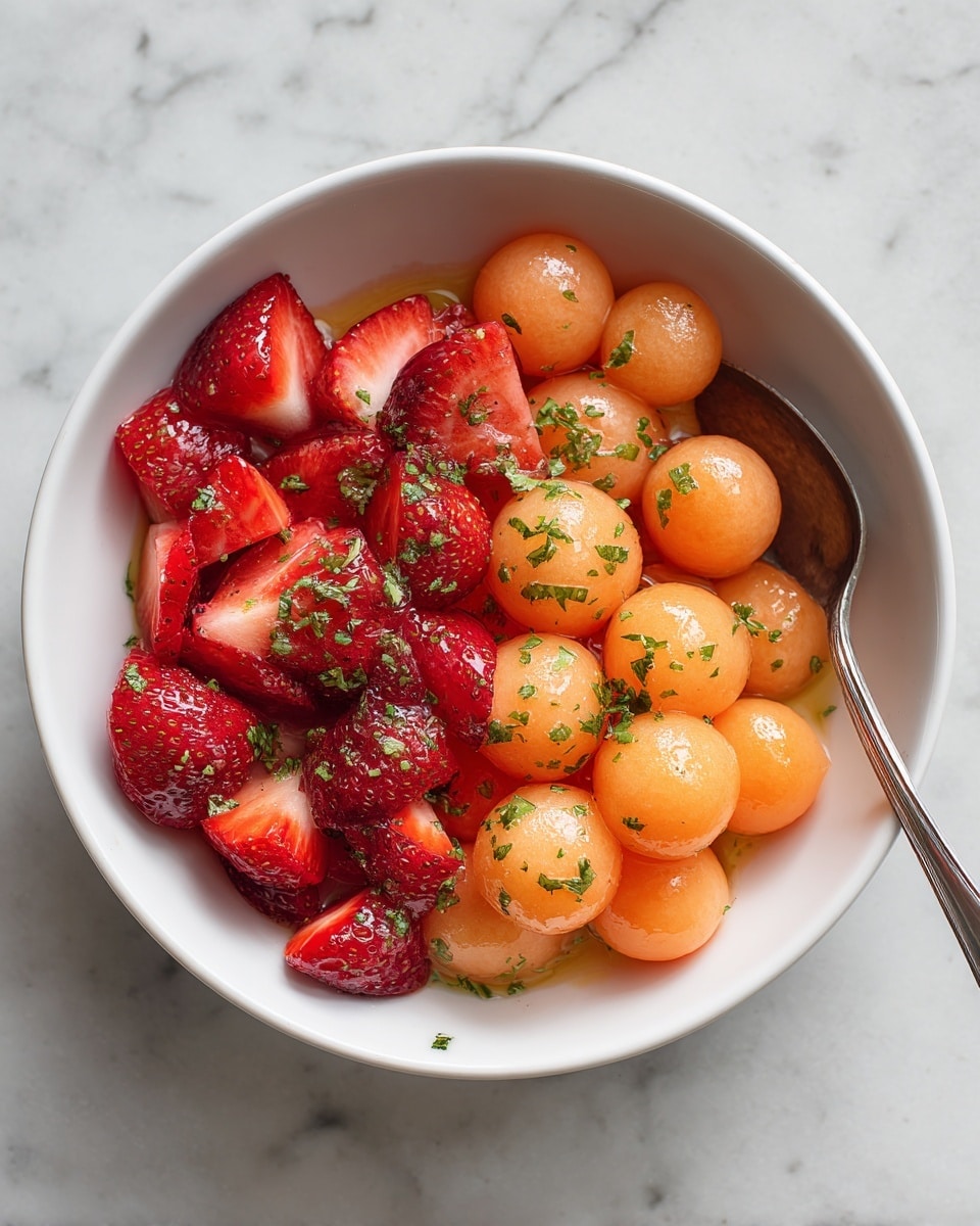 A white bowl filled with small round orange melon balls mixed with bright red sliced strawberries. Green chopped herbs are sprinkled evenly over the fruit, giving a fresh look. On one side of the bowl, there is a small bunch of whole green mint leaves. A silver spoon rests inside the bowl on the left side. The bowl is placed on a white marbled surface, and next to it is a small white bowl with green lime wedges. Photo taken with an iphone --ar 4:5 --v 7