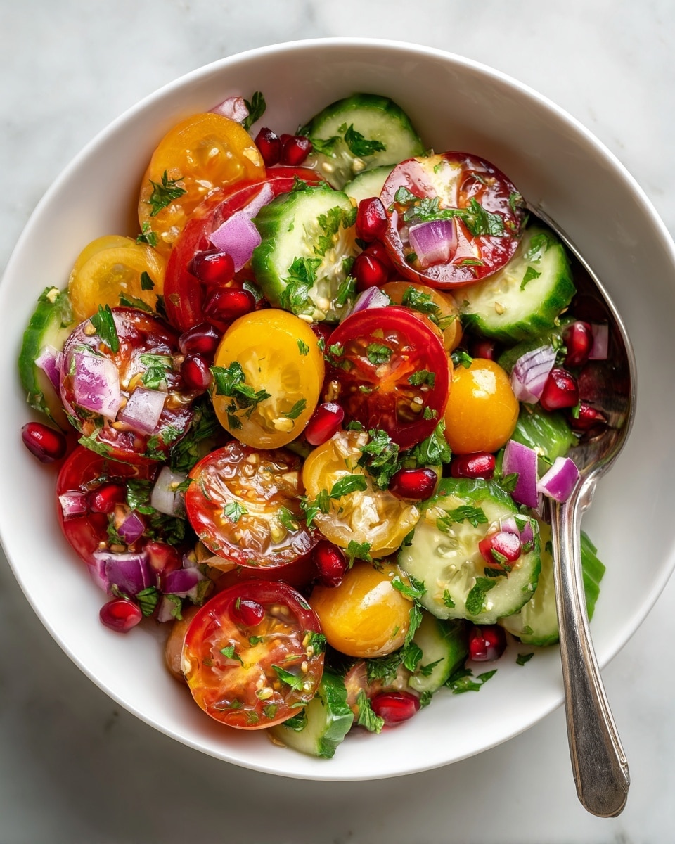 A white bowl filled with a colorful salad featuring several layers of fresh ingredients: bright red and yellow cherry tomatoes cut into halves, green cucumber slices with a smooth texture, small pieces of chopped red onion adding purple accents, shiny red pomegranate seeds scattered throughout, and fresh green parsley leaves for garnish. A silver spoon is placed on the right side, resting in the bowl. The bowl is set on a white marbled surface. photo taken with an iphone --ar 4:5 --v 7