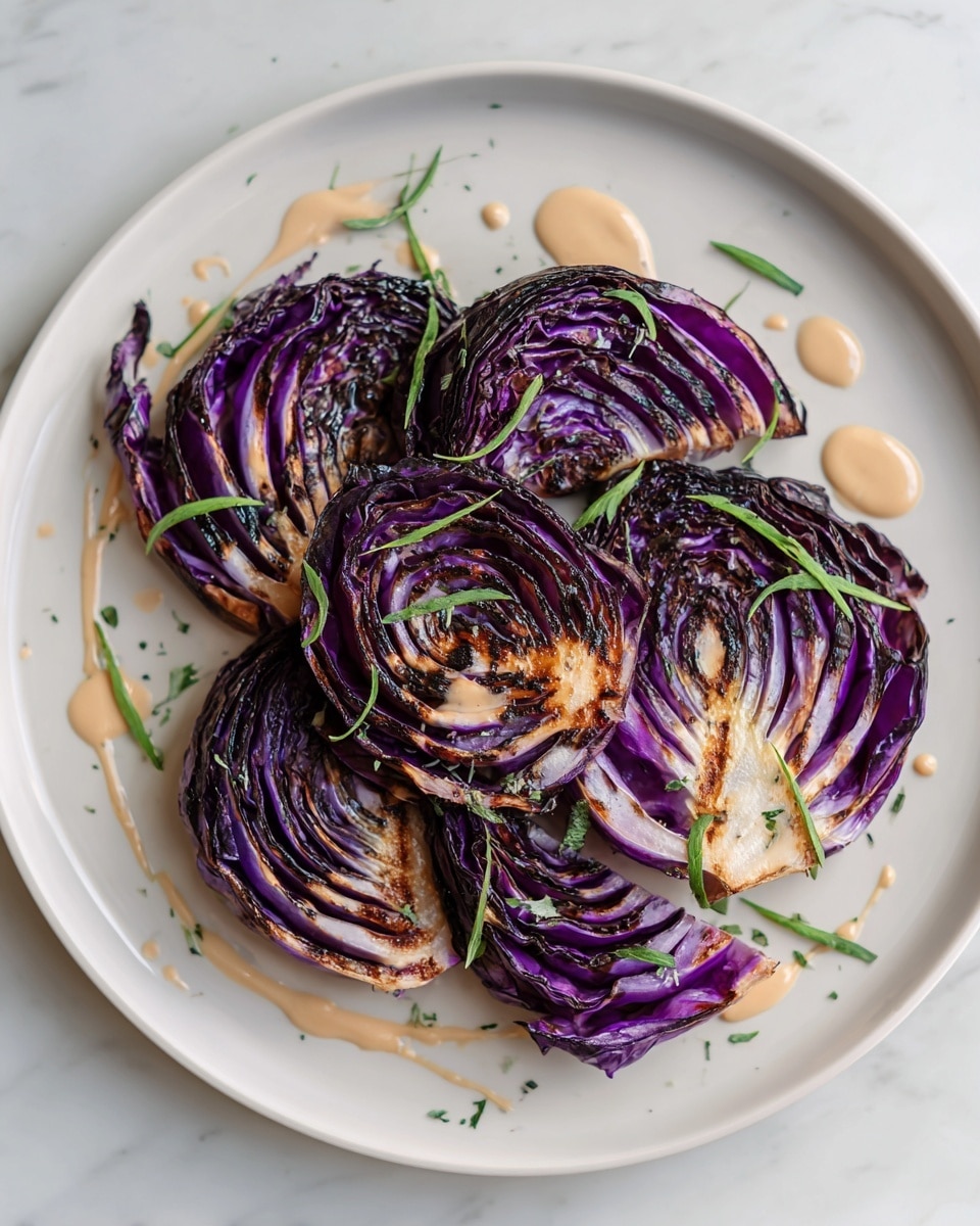 The image shows a white plate with six wedges of roasted purple cabbage arranged in a circle. Each wedge has layers of deep purple and light pink leaves with some charred edges, creating a textured and slightly crispy look. The cabbage wedges are drizzled with a light brown sauce and sprinkled with small green herb leaves, possibly thyme, scattered on and around the cabbage. The plate sits on a white marbled surface. photo taken with an iphone --ar 4:5 --v 7