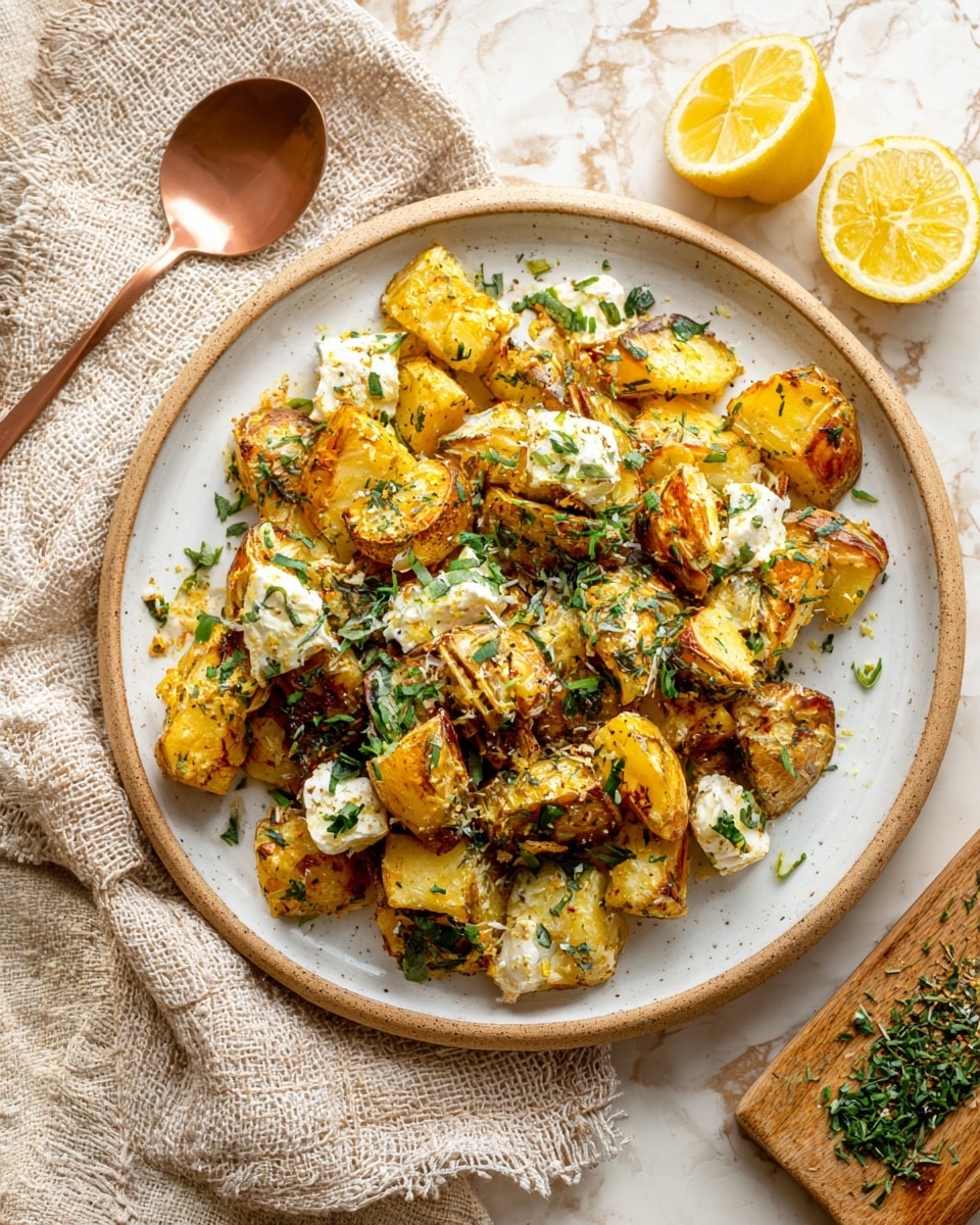 A white plate filled with golden brown roasted potato pieces that have a lightly crispy texture, mixed with white creamy cheese crumbles that are unevenly spread among the potatoes. There are thin green basil leaves scattered on top, adding a fresh layer of texture and color. The plate sits on a white marbled surface, with a textured beige cloth and some basil leaves around. A copper spoon is placed near the top side of the plate, and in the corner, a bright yellow lemon adds a splash of color. The photo taken with an iphone --ar 4:5 --v 7