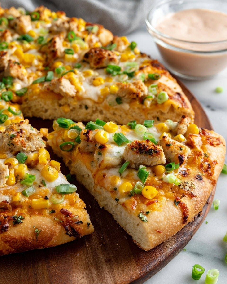 A close-up view of a round pizza on a wooden board with a white marbled background. The pizza has one thick and fluffy crust layer with a golden-brown color. The toppings form one dense layer featuring melted yellow and white cheese, small pieces of grilled chicken with a light brown and slightly charred texture, scattered sweet yellow corn kernels, and chopped green onion. A glass bowl with pink-colored sauce sits near the top-right of the frame. Photo taken with an iphone --ar 4:5 --v 7