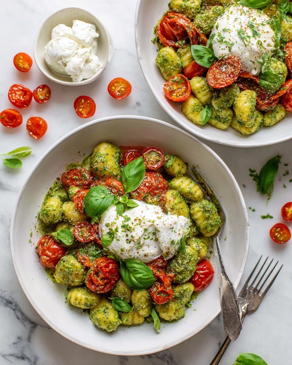 Two white bowls filled with gnocchi coated in green pesto sauce, layered with bright red roasted and fresh cherry tomatoes, and fresh green basil leaves. On top of the gnocchi in each bowl, there is a dollop of creamy white burrata cheese with a soft texture. The bowls are placed on a white marbled surface, scattered with red cherry tomato halves. There is also a small white bowl with extra burrata cheese to the side. Photo taken with an iphone --ar 4:5 --v 7