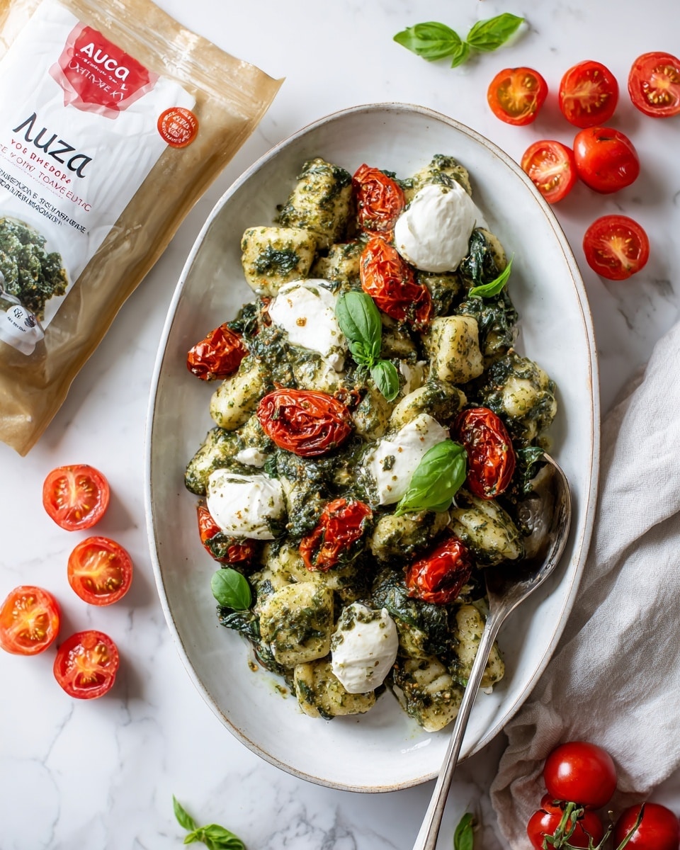 A white oval plate sits on a white marbled background holding a vibrant dish with three main layers: a bed of green leafy spinach at the bottom, topped with small, green pesto gnocchi mixed with bright red cherry tomatoes both whole and cut in half, and roasted tomato chunks adding a deep red texture on top of the gnocchi. Sitting on this are two large dollops of white creamy burrata cheese, garnished with fresh green basil leaves scattered around. A silver spoon rests on the side of the plate. To the top right of the plate is a package of red cherry tomatoes, and some halved tomatoes are placed casually on the white marbled surface around the dish. Photo taken with an iphone --ar 4:5 --v 7