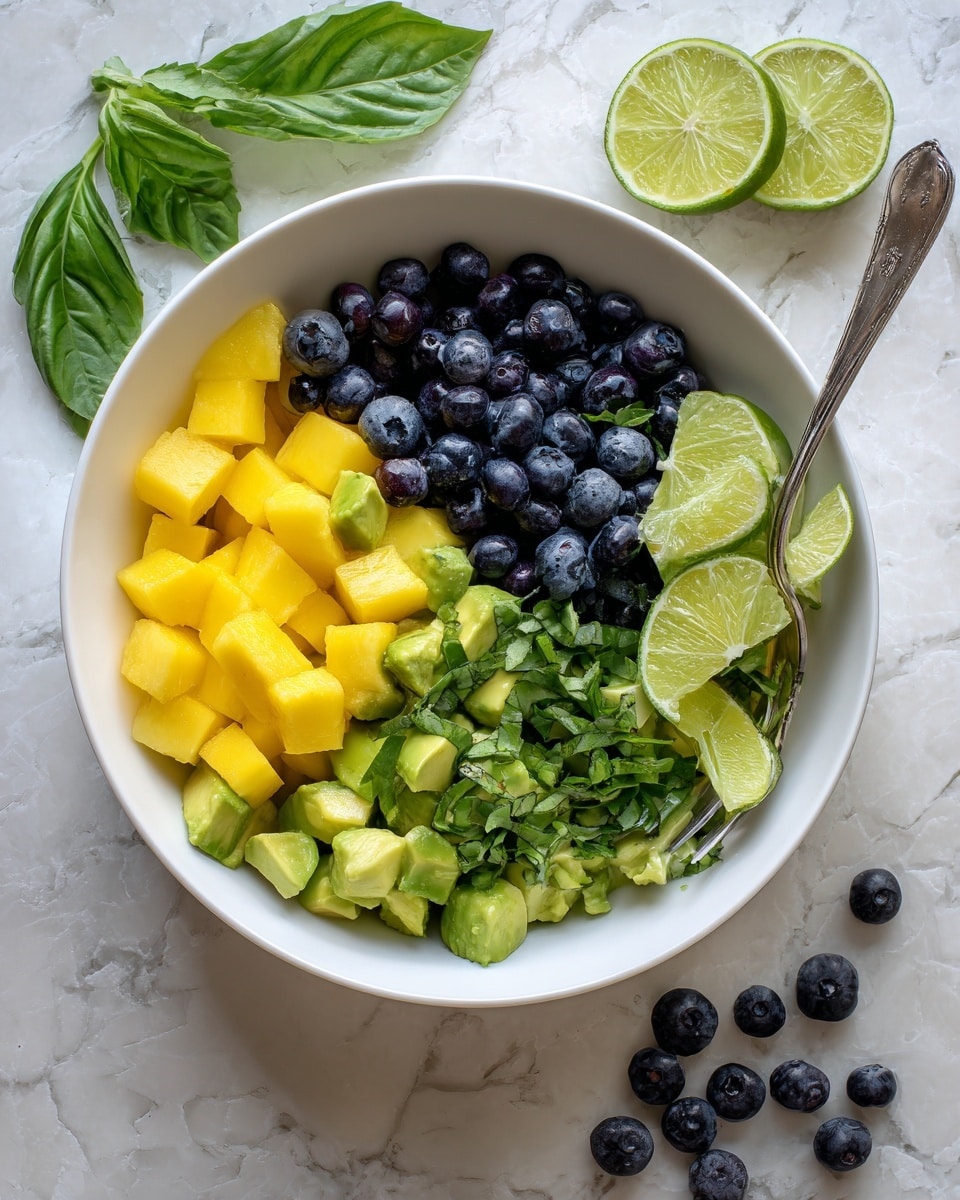 A white bowl filled with a fresh fruit salad showing three main layers: a bright yellow layer of diced mango pieces, a layer with smooth green avocado chunks, and a top layer of whole dark blue blueberries mixed with chopped green basil leaves. On one side of the bowl, there are three lime wedges with light green flesh and a bit of moisture visible, adding a fresh touch. A silver fork rests at the right edge inside the bowl, partly covered by the fruits. Around the bowl, there are loose blueberries and lime wedges on a white marbled surface, with some fresh basil leaves placed nearby. Photo taken with an iphone --ar 4:5 --v 7