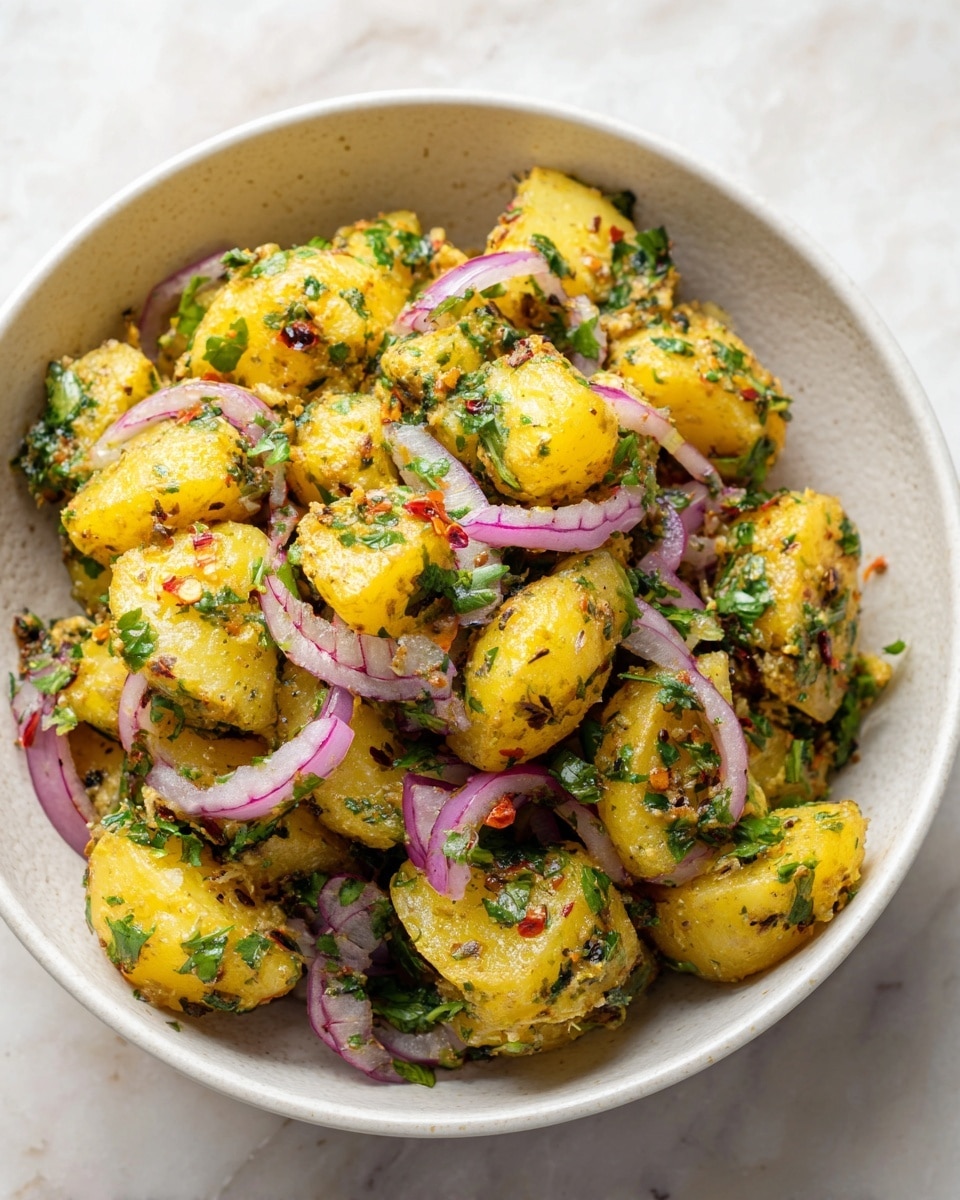 A gray round bowl filled with a potato salad made of about two layers of small yellow potato pieces, each coated with a green herb mix. Thin slices of light purple onions are spread throughout the salad, along with small sprigs of fresh dill and scattered red chili flakes for extra color. The bowl is placed on a white marbled surface with soft natural lighting highlighting the textures and colors. photo taken with an iphone --ar 4:5 --v 7