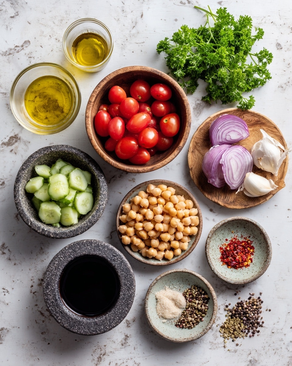 The image shows several ingredients placed on a white marbled surface, arranged neatly in bowls and plates. At the top left, there is a small glass of light golden olive oil. Below it, a bunch of fresh green parsley rests beside a round wooden bowl filled with bright red grape tomatoes. To the right, a wooden plate holds a purple and white halved onion along with three whole garlic bulbs and a peeled garlic clove. A small stone bowl filled with dark balsamic vinegar is near the onion plate. On the bottom left, a rough dark gray plate contains chunks of pale green cucumber. Next to it, a stone bowl is filled with light yellow chickpeas. Two small stone bowls with crushed red chili flakes and chopped white onions mixed with herbs are shown in the middle. Finally, small piles of black and light brown seeds complete the arrangement. The whole scene is lit naturally, highlighting the different textures and colors. Photo taken with an iphone --ar 4:5 --v 7