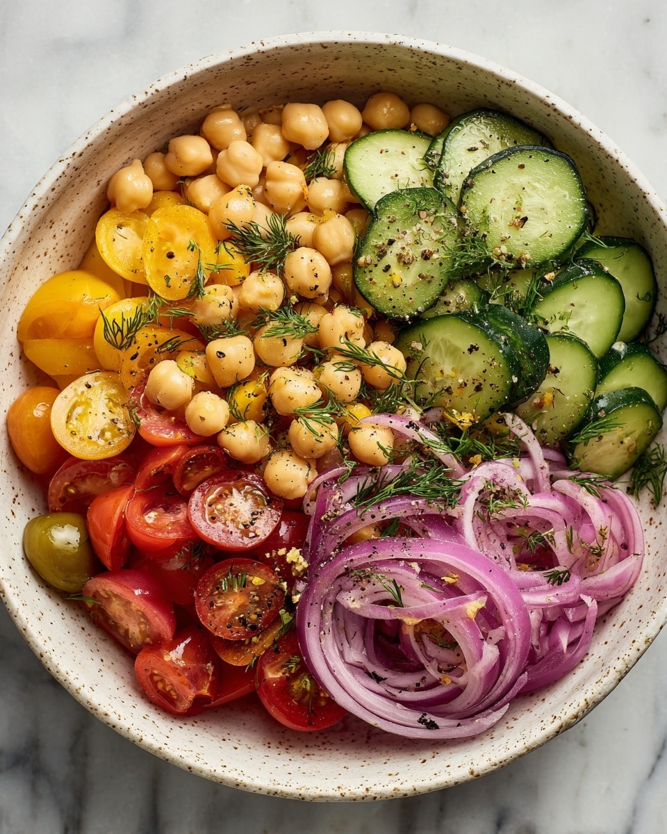 A bowl of fresh salad with three main layers: the base layer has round chickpeas in light beige, scattered evenly; the middle layer shows thick cucumber slices with green edges and pale green centers mixed with halved cherry tomatoes in bright red and yellow; the top layer features thin slices of purple onion and small sprigs of green dill, all sprinkled with black pepper and herbs. The bowl is white ceramic with speckled grey dots and it sits on a white marbled surface. photo taken with an iphone --ar 4:5 --v 7