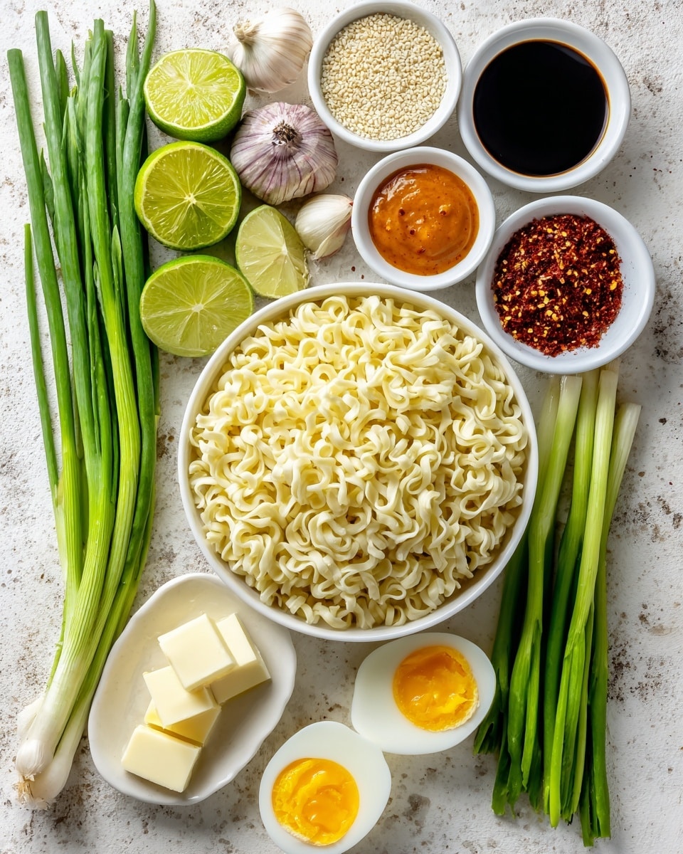 The image shows a flat lay of various ingredients arranged neatly on a white marbled surface. In the center bottom is a white bowl filled with pale yellow cooked noodles that look soft and curly. To the left, there are vibrant green lime halves and wedges stacked together. Above the lime is a cluster of garlic cloves with light purple skin. At the top left are long, fresh green onions with their white ends showing. Centered at the top are small white bowls; one contains dark soy sauce, another bright orange chili sauce, and two others hold light beige sesame seeds. Near the center right is a neat pile of red chili powder mixed with white sesame seeds, and some scattered green onion slices. Below the powder is a small white plate with two square pieces of pale yellow butter. At the bottom center, two halves of soft boiled eggs show their bright yellow yolks inside the white. Finally, on the far right are several fresh green onions aligned parallel. photo taken with an iphone --ar 4:5 --v 7