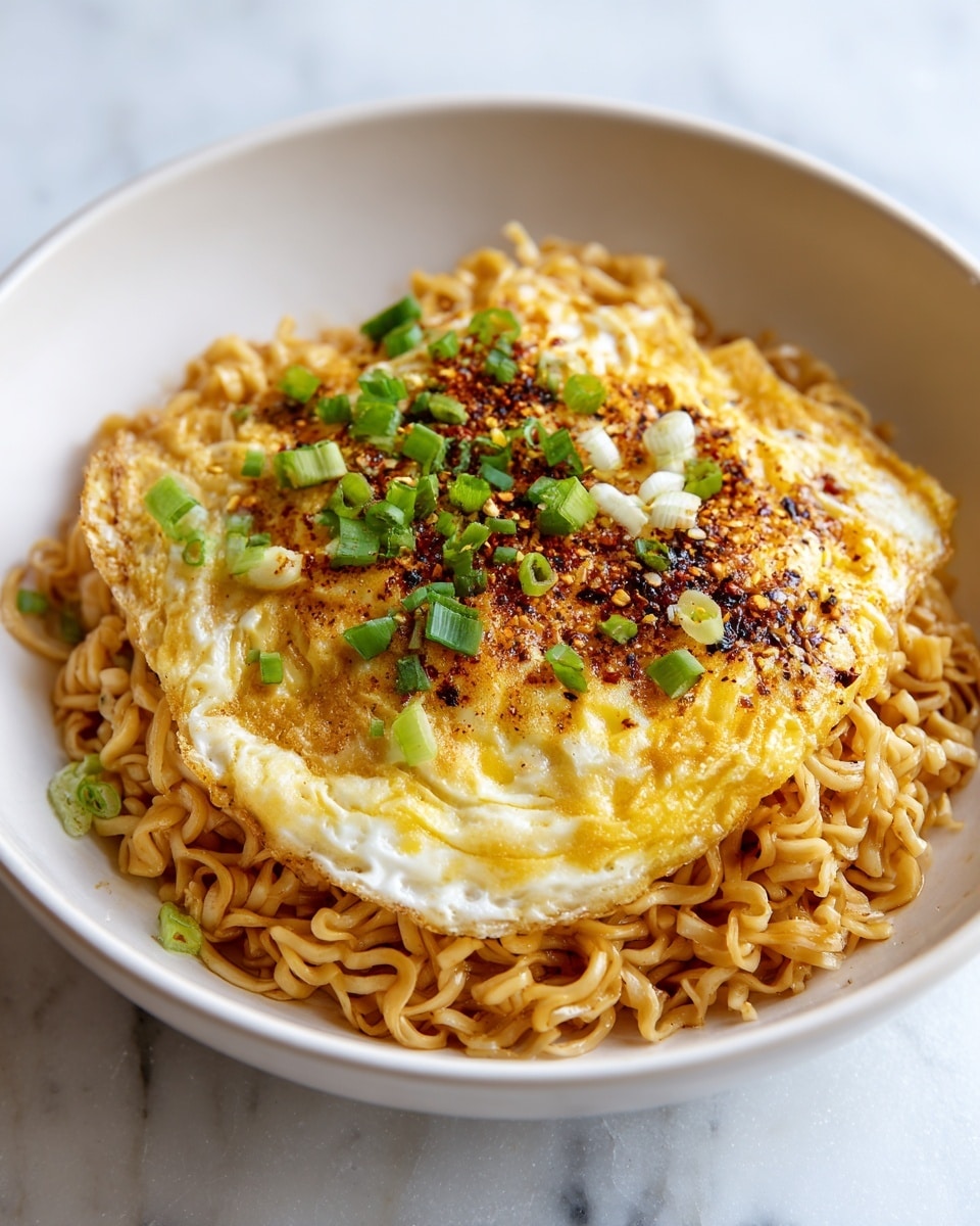 A large white bowl holds three layers: the bottom layer is shiny, golden brown cooked noodles with a slight curl and moist texture; the middle layer is a thin, flat layer of cooked yellow egg with some white patches and soft texture; the top layer is sprinkled generously with bright green sliced scallions, black sesame seeds, white sesame seeds, and red spices, spreading evenly across the surface. The bowl is set on a white marbled surface. Photo taken with an iphone --ar 4:5 --v 7