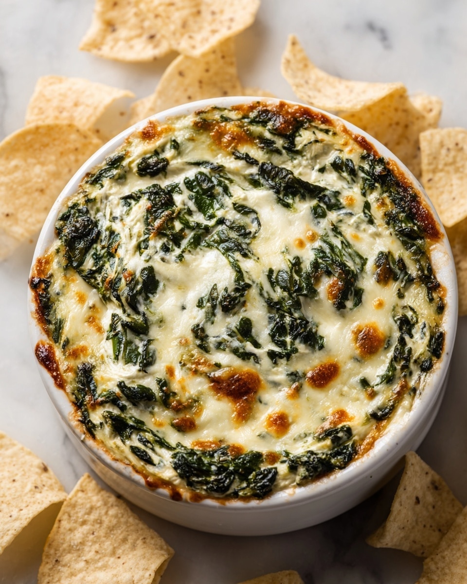 A white round ramekin filled with a creamy, baked spinach dip that has a bubbly, slightly browned cheese layer on top, showing some green spinach leaves peeking through. The surface is speckled with black pepper. Around the ramekin, there are light beige tortilla chips scattered on a white marbled surface. The focus is close up on the dip, showing its thick and smooth texture. photo taken with an iphone --ar 4:5 --v 7