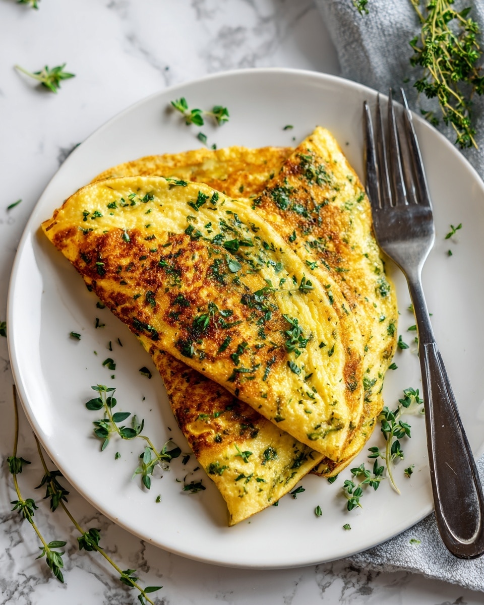 The image shows a white plate with a two-layer folded omelette that has a golden brown, slightly crispy surface with soft yellow inside. The omelette is sprinkled with small green herb leaves scattered on top and around the plate. A silver fork with a black handle rests on the right edge of the plate, all placed on a white marbled surface with some green herb bits scattered around. Photo taken with an iphone --ar 4:5 --v 7