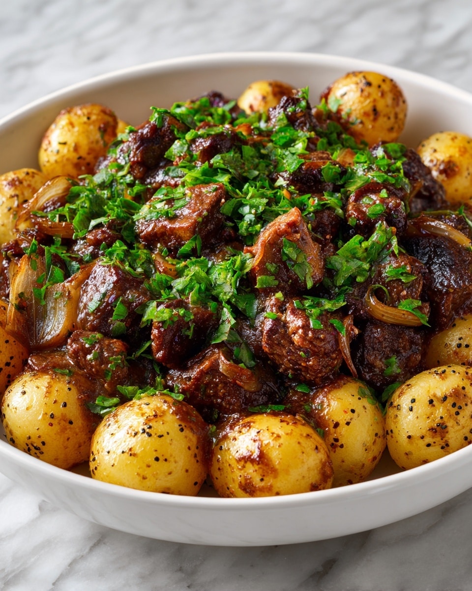 A white bowl holds this dish with two layers: the bottom layer is small round golden-brown roasted potatoes with a slightly shiny texture, spread evenly in a circle; on top is a richly sauced mixture of dark brown tender meat chunks and caramelized onions, glossy with sauce, garnished with fresh chopped green herbs scattered on the meat. The bowl sits on a white marbled surface. Photo taken with an iphone --ar 4:5 --v 7