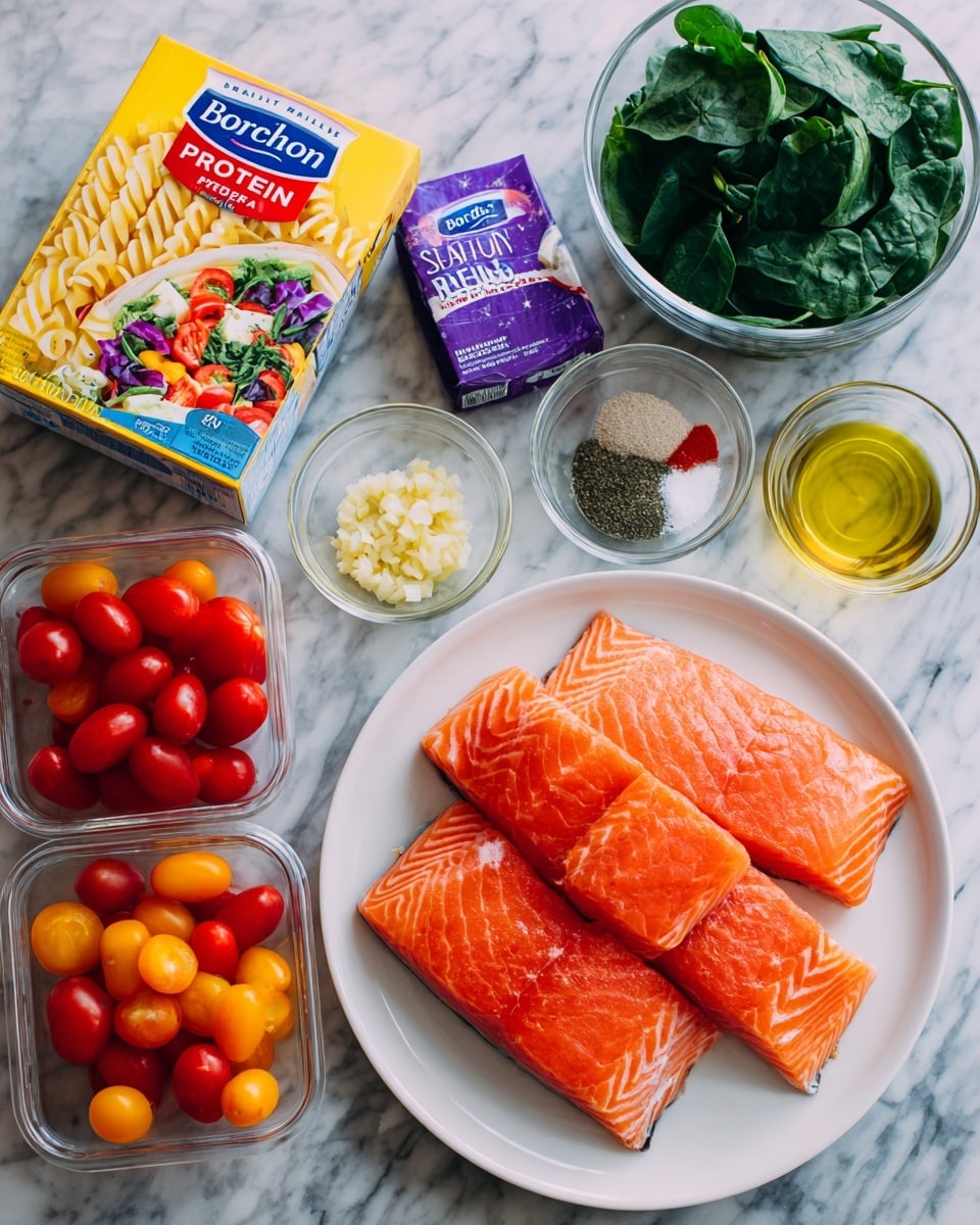 A white plate with four large pieces of fresh salmon with bright orange color and silvery skin edges is placed on the bottom right. Above the plate is a small clear glass cup filled with light yellow olive oil. To the left of the cup is a white bowl with four piles of spices in red, green, white, and black colors. Below that is a small clear glass bowl with minced pale yellow garlic. On the bottom left are two clear plastic containers with vibrant red, orange, and yellow cherry tomatoes. Top left shows a yellow box of Barilla Protein+ rotini pasta with a blue bottom edge and an image of pasta swirls. Next to it, a purple and white box of Boursin shallot and chive spreadable cheese is placed. On the top right corner, a clear plastic container holds fresh dark green spinach leaves. All items are on a white marbled surface photo taken with an iphone --ar 4:5 --v 7