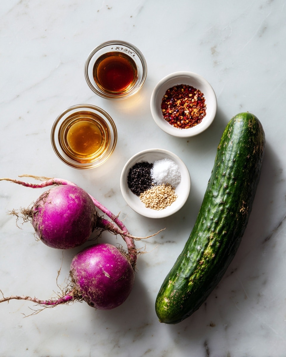 The image shows a clean white marble surface with two purple radishes placed side by side in the bottom center, each with a rough texture and some dirt marks. To their right lies a long dark green cucumber with a shiny, bumpy skin. Above the radishes and cucumber are three small clear glass bowls, one with a dark amber liquid, one with a transparent liquid, and another larger white bowl with five small piles of spices inside: white, red pepper flakes, black sesame seeds, light beige sesame seeds, and black pepper. The composition is simple, bright, and natural. photo taken with an iphone --ar 4:5 --v 7