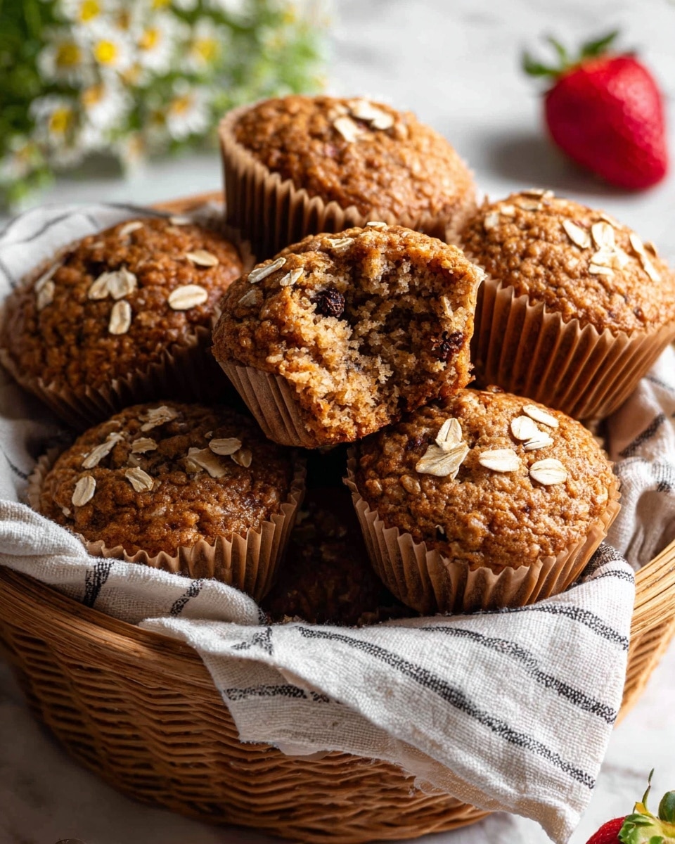 A basket filled with several oatmeal raisin muffins in light brown paper liners, with a few raisins visible on the tops and scattered oats on the surface of each muffin; one muffin in the center is broken open showing a moist, crumbly texture inside with raisins. The basket is woven light wood and lined with a gray and white striped cloth, resting on a white marbled surface with a strawberry and some green flowers in the background. Photo taken with an iphone --ar 4:5 --v 7
