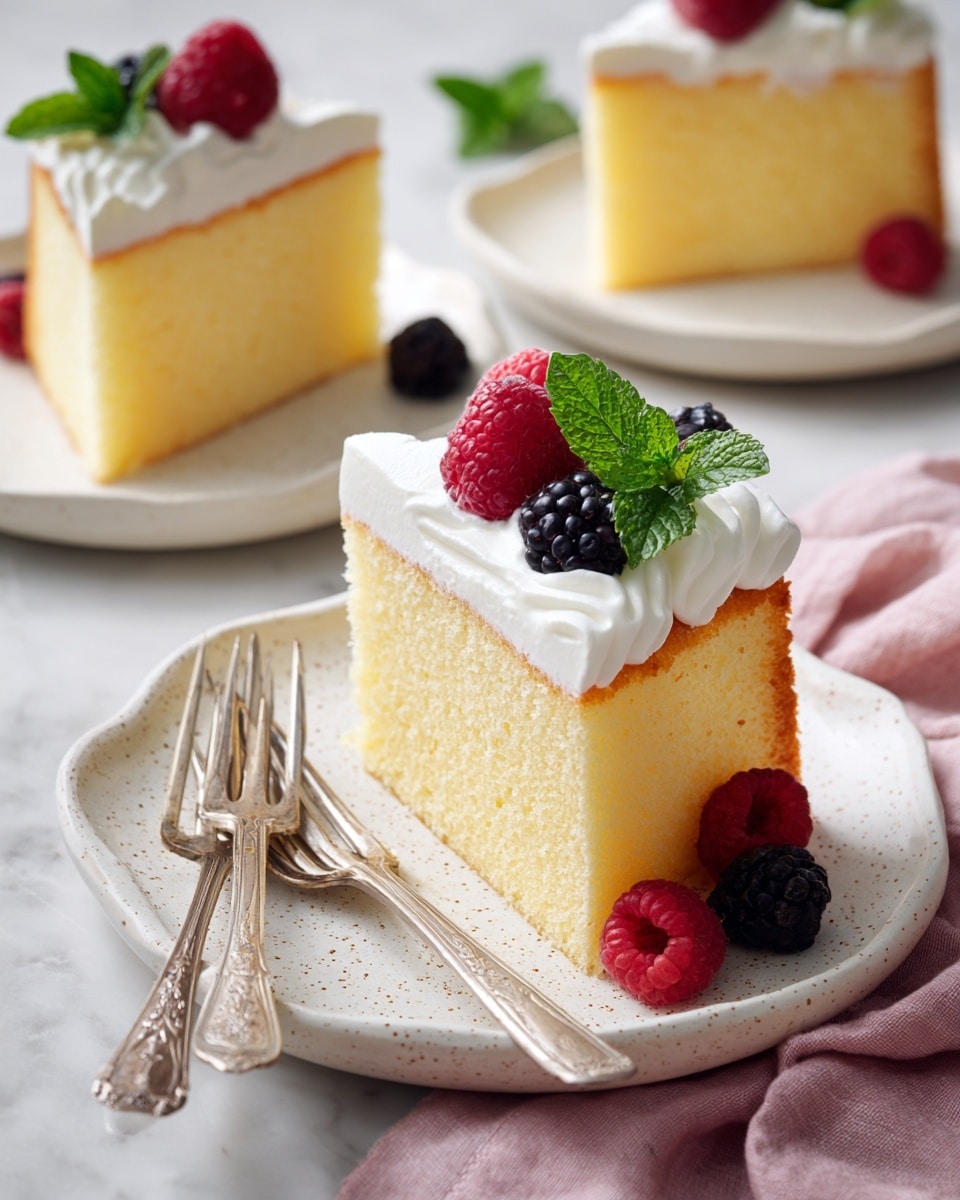 A tall, light golden brown sponge cake with a soft and airy texture is placed on a white marble cake stand with a wooden base. One large slice is removed, showing the pale yellow inside of the cake. The top edge of the cake is decorated with a ring of thick white whipped cream dollops, each topped with fresh red strawberries, black blackberries, and red raspberries. Some berries are also placed on the marble surface near the cake stand. The whole scene is set on a white marbled texture background with a soft pink cloth partially visible under the stand. Photo taken with an iphone --ar 4:5 --v 7
