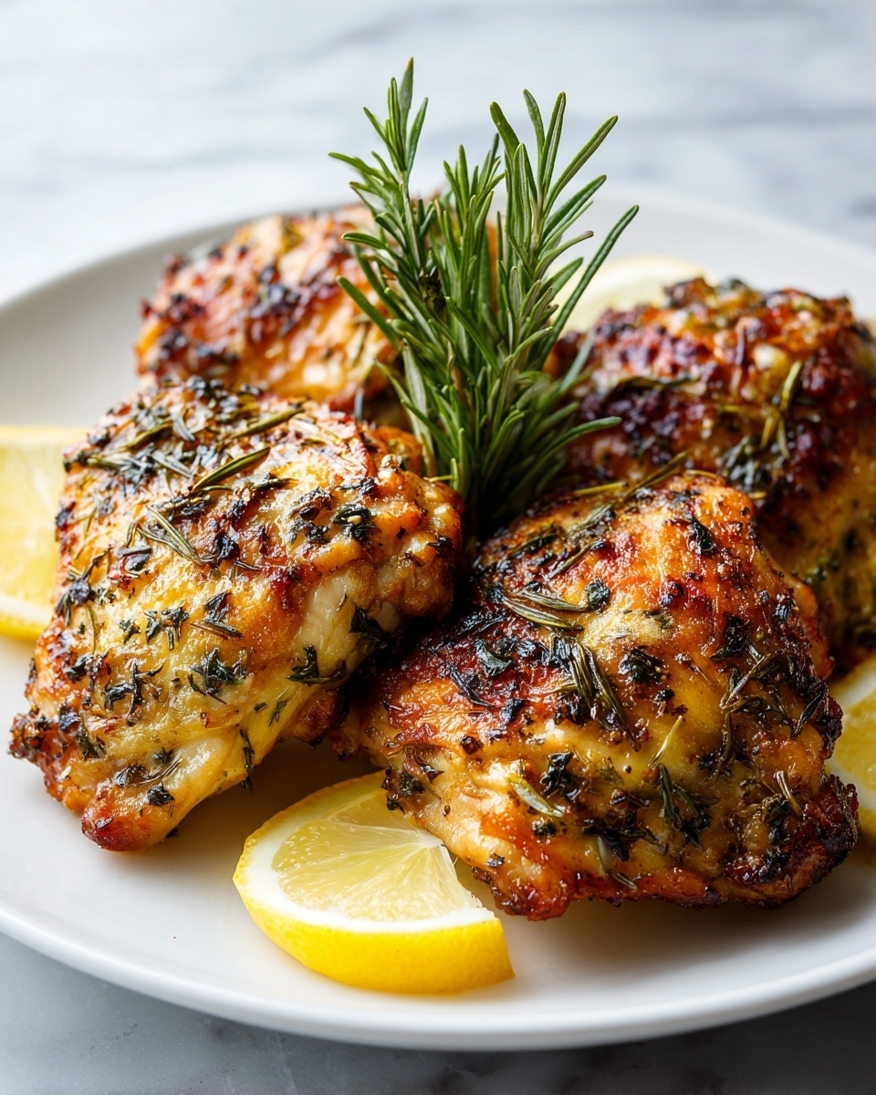 The image shows three cooked chicken pieces on a white plate. The chicken is golden brown with a crispy texture and sprinkled with green herbs, giving it a fresh look. On top of the chicken, there is a small bunch of fresh rosemary. Around the chicken pieces, there are four lemon wedges, bright yellow with visible juicy parts. The plate is placed on a white marbled surface that adds a clean and fresh background. photo taken with an iphone --ar 4:5 --v 7