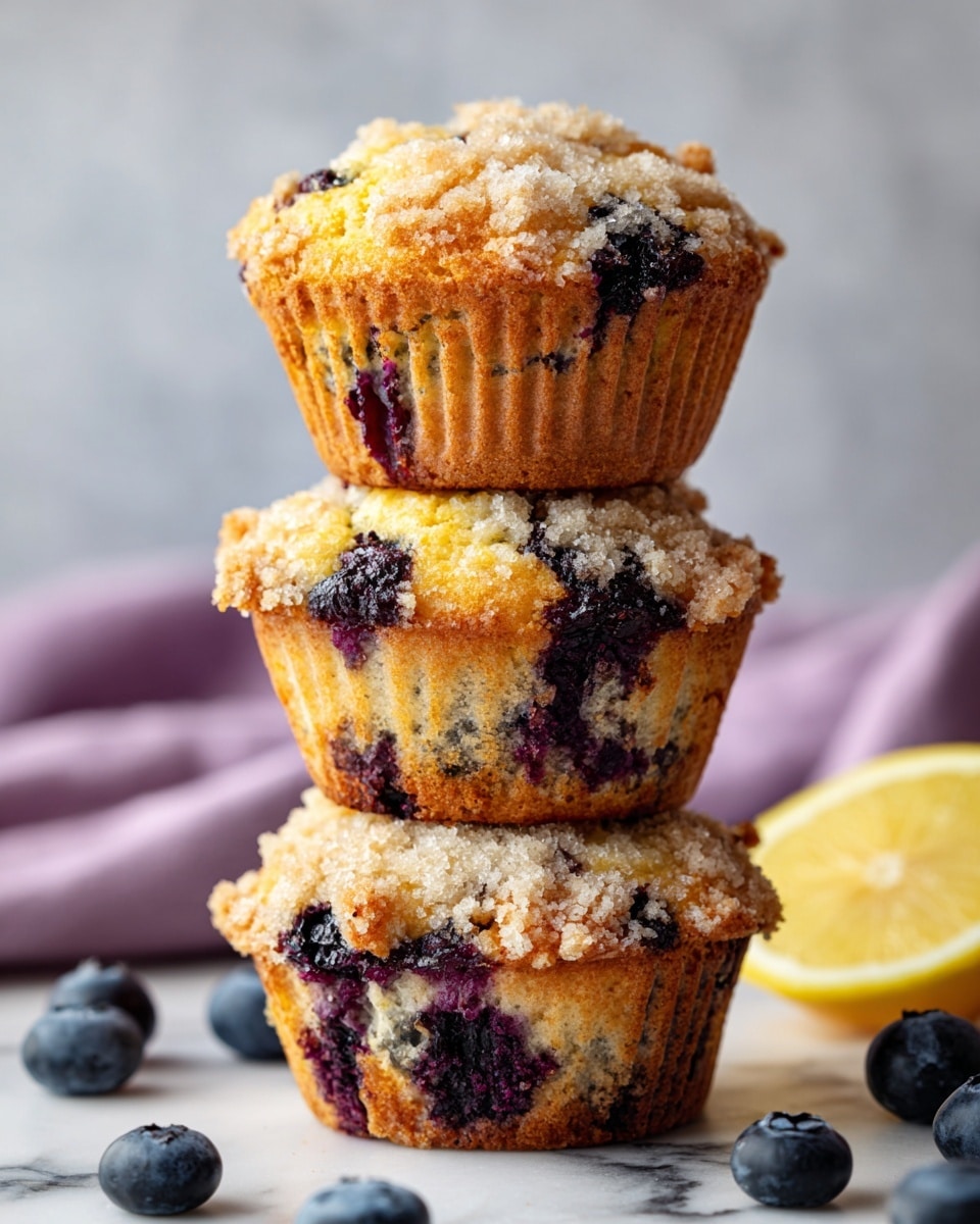 A stack of three blueberry muffins is shown, each in crinkled light brown paper cups. The muffins are golden-brown with visible dark blueberries baked inside and a crumbly topping. They sit on a white marbled surface with scattered fresh blueberries and a halved lemon nearby. A soft purple cloth is partly visible under the muffins. The background is softly blurred with more muffins out of focus. Photo taken with an iphone --ar 4:5 --v 7
