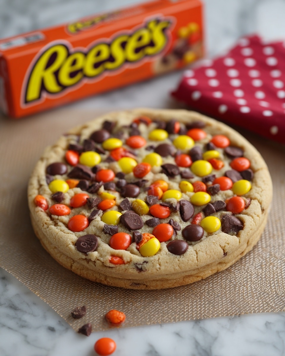 A large round cookie sits on a light wooden cutting board with a smooth texture. The cookie is golden brown with a slightly darker edge and is dotted with colorful candy pieces in orange, yellow, and brown, as well as dark chocolate chips. Some candy pieces and chocolate chips are scattered around the cutting board. To the right of the cookie, there is a silver knife resting on the board. In the background, an orange box with bright text is partially open, with more candy pieces spilled out. The surface under the board is a smooth black table. photo taken with an iphone --ar 4:5 --v 7