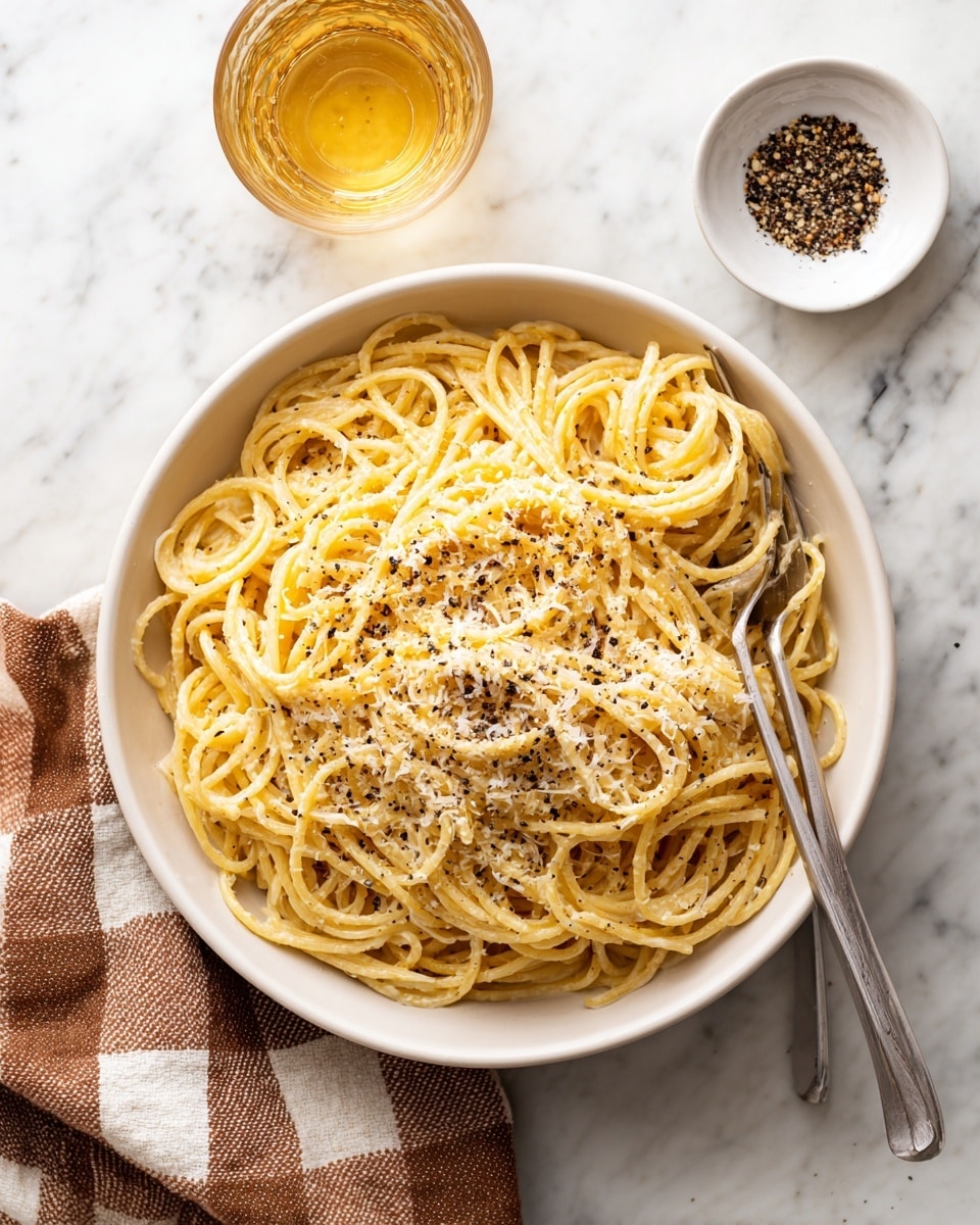 A white bowl filled with thick spaghetti noodles coated in a light creamy sauce with a sprinkle of grated cheese and black pepper on top. A fork with a wooden handle is placed inside the bowl, twirling some noodles. Next to the bowl is a small white dish holding cracked black pepper, and above the bowl is a glass of white wine. The setting is on a white marbled surface with a beige and brown checkered cloth partially visible on the right side. Photo taken with an iphone --ar 4:5 --v 7