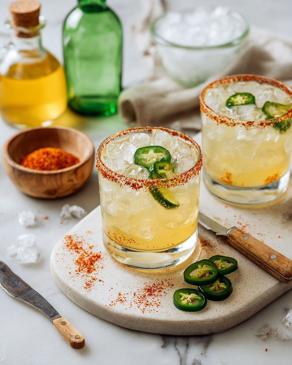 The image shows two short glasses filled with a pale yellow drink and ice, each with green jalapeño slices floating inside. The rims of the glasses are coated with a red spicy powder. The glasses sit on a round white cutting board with a speckled pattern, which also holds a small knife with a wooden handle and sliced jalapeños scattered around it. Behind the board, there are two whole green jalapeños, a small wooden bowl filled with the red powder, a green bottle, a small clear bottle with yellow liquid, and a clear shaker with ice inside. The whole scene is set on a white marbled surface. photo taken with an iphone --ar 4:5 --v 7