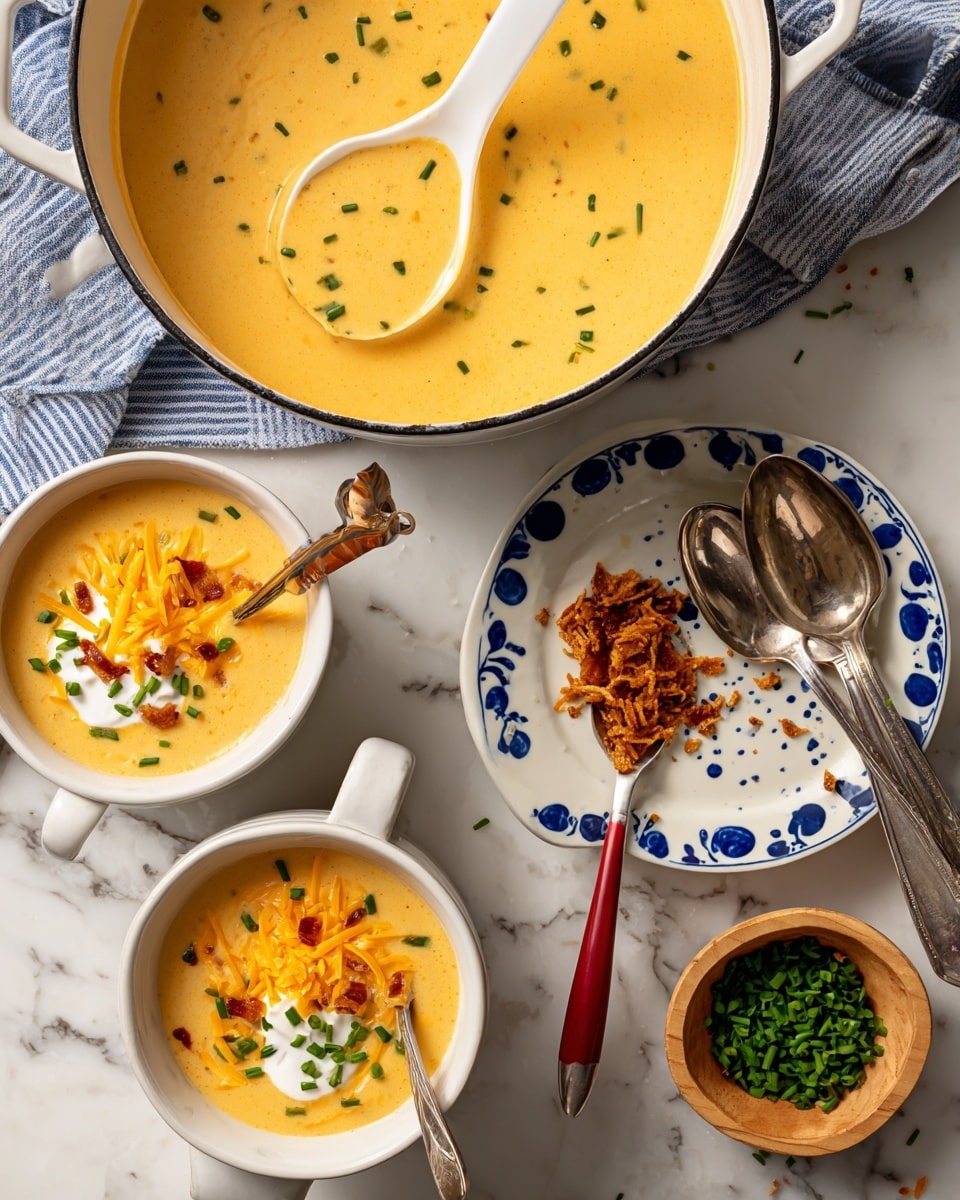 A large white pot filled with creamy light orange soup with small bits visible inside and scattered green chives on top, a ladle resting inside showing more soup with the same texture, placed on a white marbled surface with a blue and white striped towel nearby. Two white mugs contain the same light orange soup, each topped with a dollop of white sour cream, shredded yellow cheese, small brown bacon bits, and sprinkled green chives. Each mug has a spoon inside, one with a red handle and the other with a shiny metal handle. A small wooden bowl with chopped green chives and a white plate with blue dots filled with bacon bits are on the side, with two silver spoons lying next to them. photo taken with an iphone --ar 4:5 --v 7