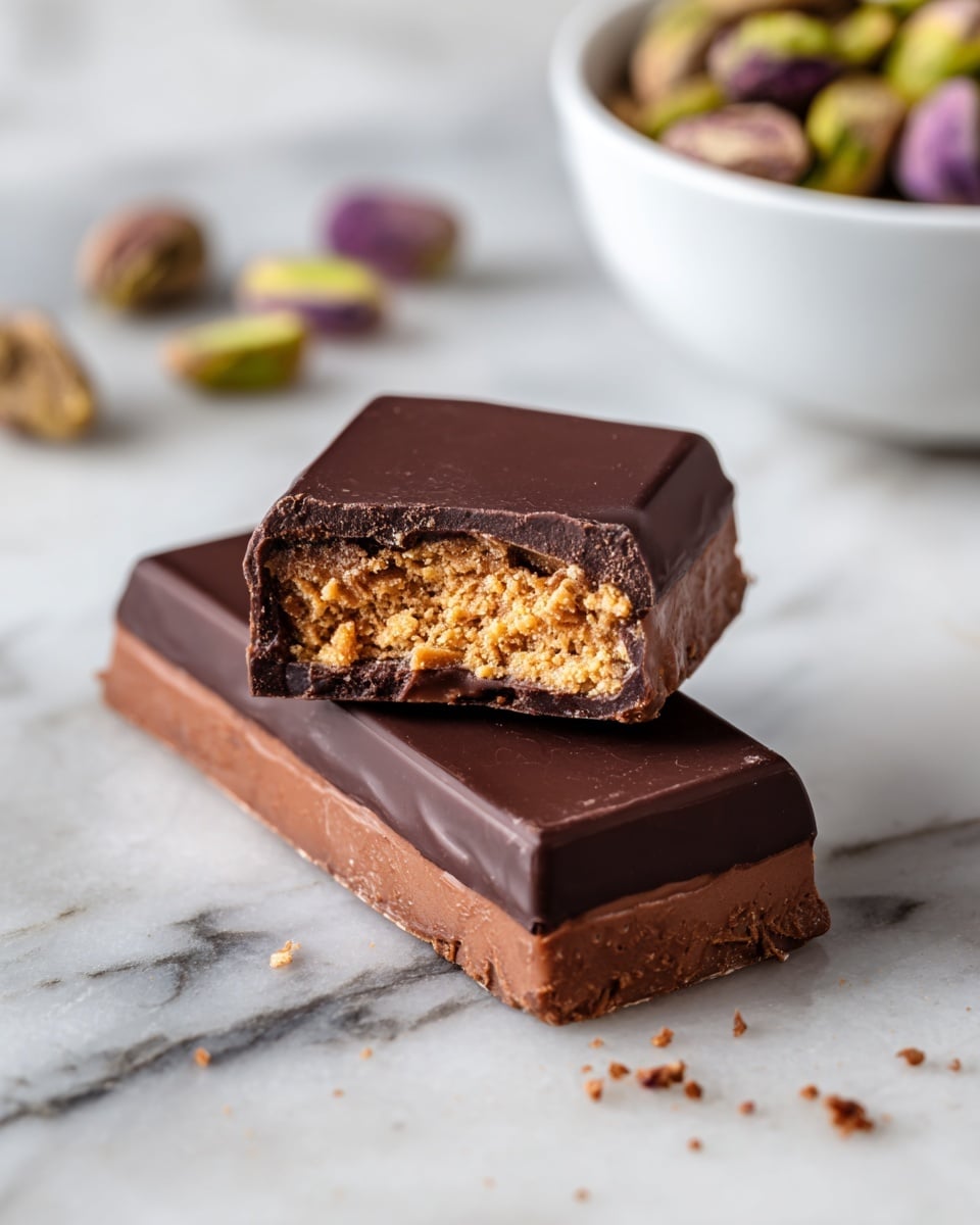 A close-up view of a chocolate bar broken into two pieces, showing two layers: the top layer is a smooth, dark brown chocolate with slight swirl textures, and the middle layer is a crumbly, light brown filling with a coarse texture, resting above a darker chocolate base layer. The chocolate bar is placed on a whole unbroken white chocolate bar with square sections, both set on a white marbled surface. In the background, there is a blurred white bowl with mixed nuts and some scattered nuts nearby, adding depth to the image. Photo taken with an iphone --ar 4:5 --v 7