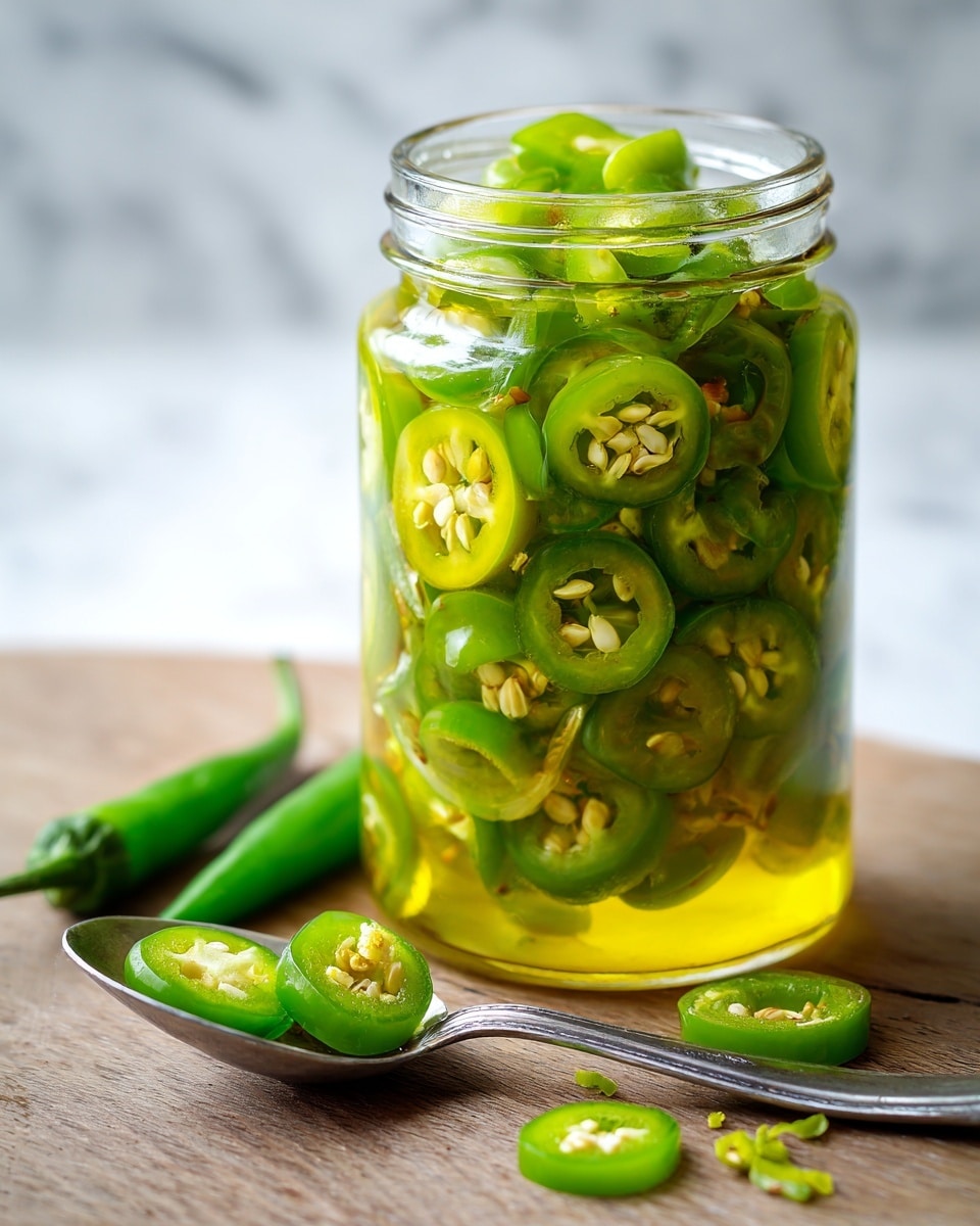 A clear glass jar filled with many green jalapeño slices, soaking in a light yellowish-green watery liquid, showing seeds inside the slices, sitting on a brown wooden board. Next to the jar are whole fresh green jalapeños. In front, on the board, there is a silver spoon holding a few jalapeño slices with seeds visible. The background is a white marbled texture. Photo taken with an iphone --ar 4:5 --v 7