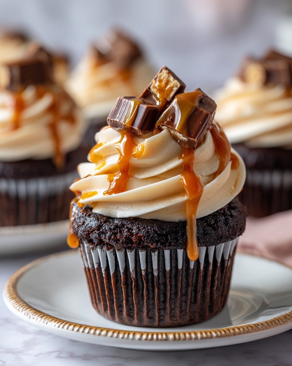 The image shows a close-up view of a cupcake with three visible layers. The bottom layer is a dark chocolate cupcake in a brown ridged paper cup. The middle layer is a smooth, light brown dome-shaped swirl of creamy frosting. On top, the third layer is a generous drizzle of shiny caramel sauce that flows down the frosting and cupcake. The cupcake is garnished with small pieces of chocolate candy that have a mix of tan, caramel, and dark brown colors. The cupcake sits on a white plate with a rough brown edge, placed on a white marbled background. Photo taken with an iphone --ar 4:5 --v 7