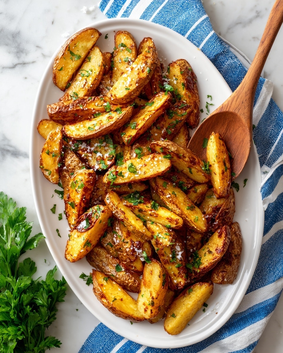 The image shows a white plate filled with golden-brown potato wedges that have a crispy texture and some green herbs sprinkled on top. The potato wedges are arranged unevenly but cover the plate, some resting on others. Next to the plate, there is a wooden spoon with a smooth surface leaning on the edge of the plate. The background is a white marbled texture, and a piece of cloth with light blue and white stripes is partly visible nearby. A sprig of fresh parsley is placed near the plate, adding a touch of green. Photo taken with an iphone --ar 4:5 --v 7