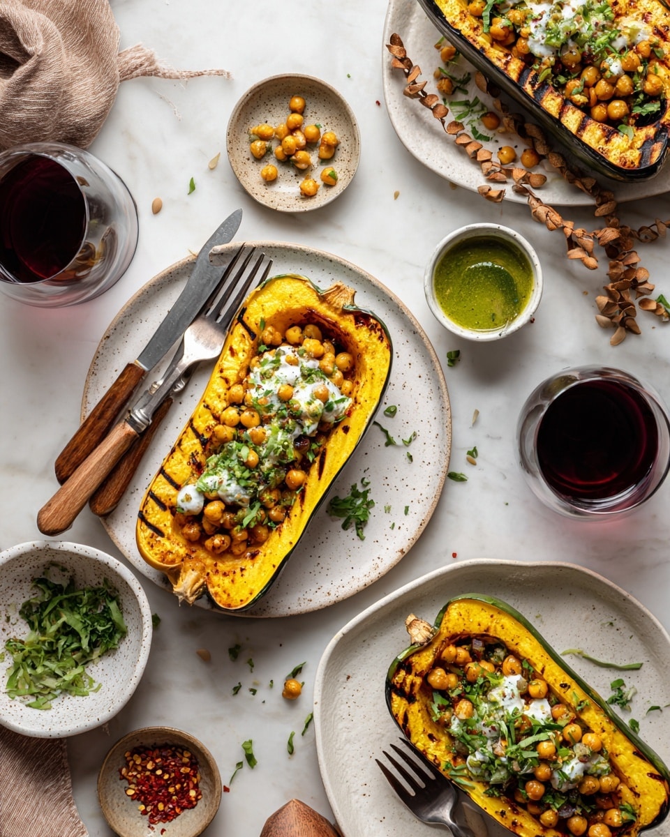 The image shows several white plates and a bowl filled with roasted yellow pumpkin halves as the base layer. Each pumpkin half is topped with a layer of chickpeas, then a layer of green herb sauce, and finally a drizzle of white creamy sauce. The pumpkin skin is dark green around the edges, adding contrast. The dish is garnished with small green herbs and scattered chickpeas. Silver and wooden-handled forks rest on some plates. There are small bowls around holding green sauce, pumpkin seeds, and red chili flakes, all placed on a white marbled surface. Two glasses of dark red liquid are also part of the scene. The overall look is bright and fresh, with warm yellow, green, white, and natural tones photo taken with an iphone --ar 4:5 --v 7