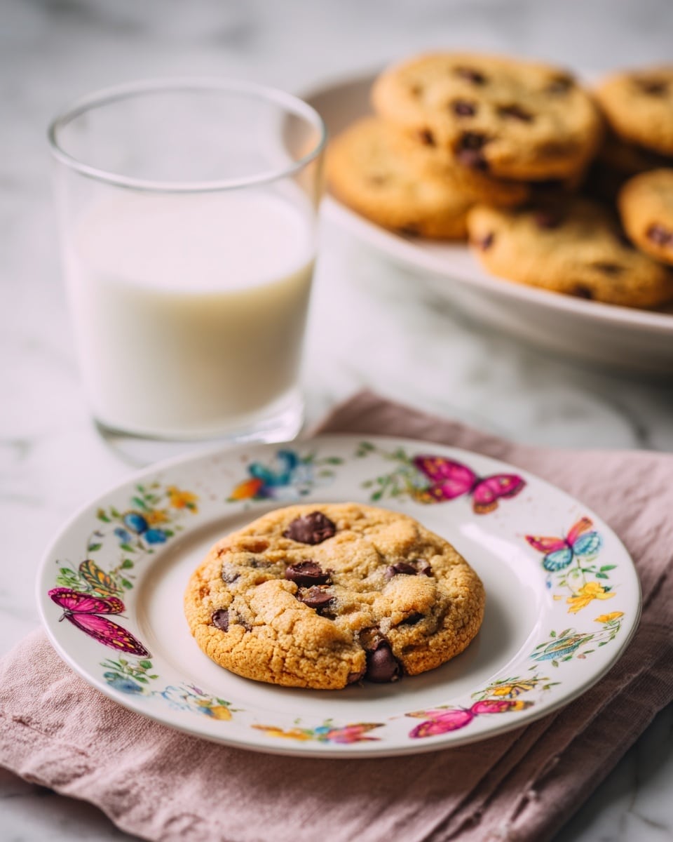 A single round chocolate chip cookie with a rough, golden-brown texture sits centered on a white plate decorated with colorful butterflies and flowers along the edges. The cookie shows several dark chocolate chips spread unevenly on top. Behind the plate, there is a clear glass filled with white milk placed on a white marbled surface. In the background, a longer white plate holds a neat row of similar chocolate chip cookies. Some scattered chocolate chips rest around the main plate on the white marbled surface, and a soft pink cloth lies nearby. Photo taken with an iphone --ar 4:5 --v 7