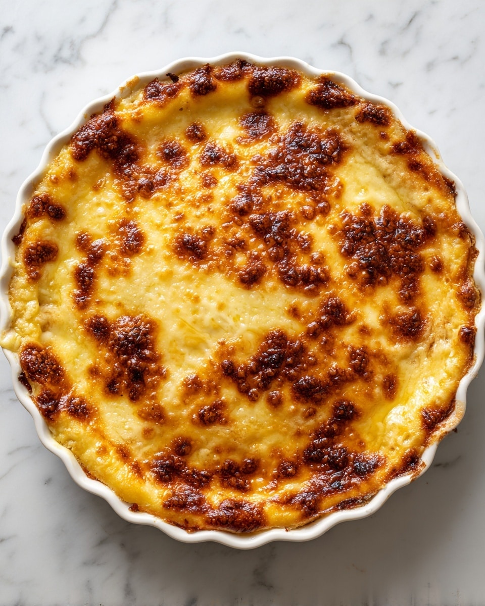 A round white dish holds a baked cheesy dish with a thick top layer of melted cheese that is creamy white with golden brown spots, crisp and bubbly around the edges. The cheese layer covers the entire dish evenly, showing a slightly browned and textured surface from baking. The dish is set on a white marbled surface, giving a clean and bright background. photo taken with an iphone --ar 4:5 --v 7