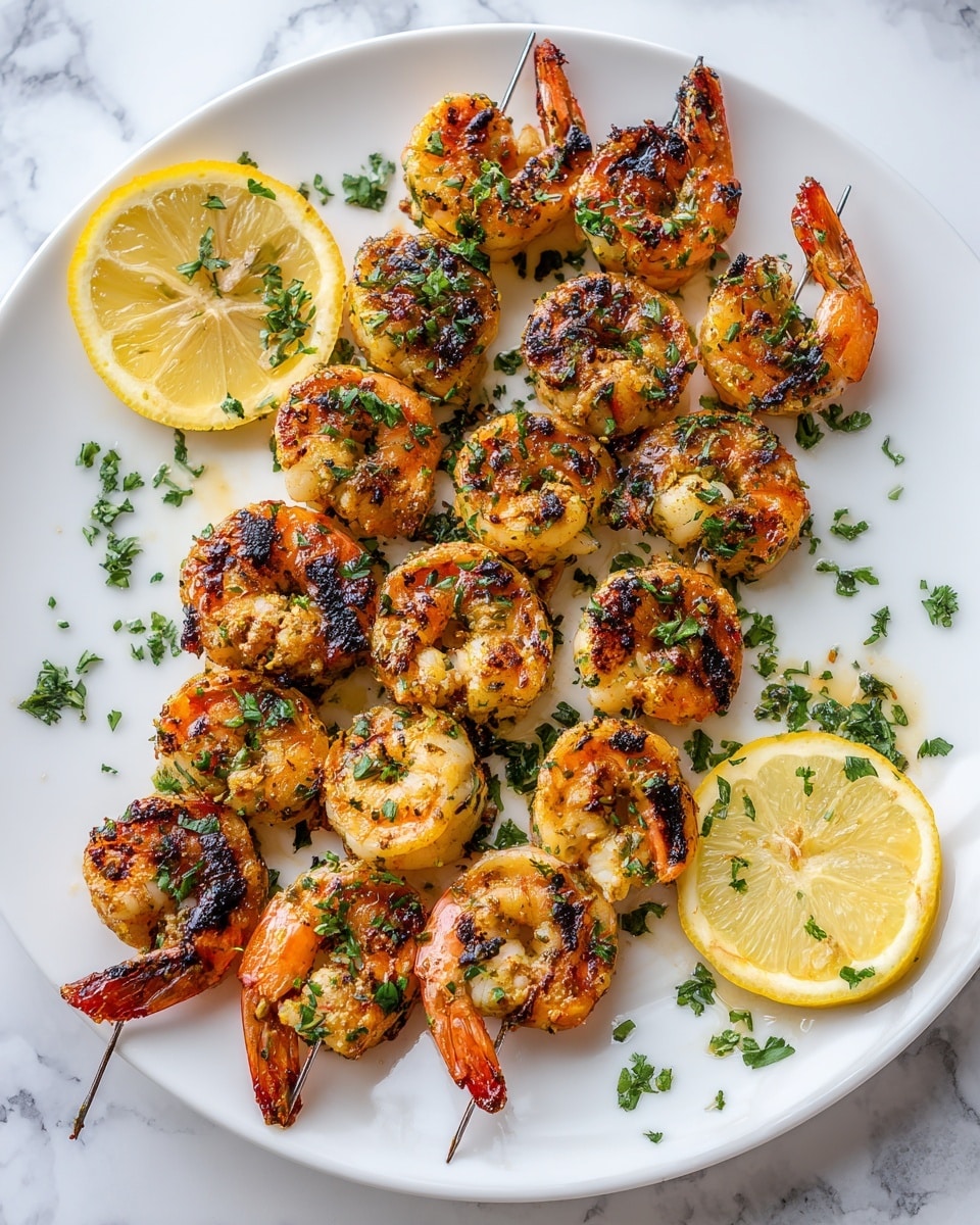 The image shows a white plate with two rows of grilled shrimp skewers, about three shrimp on each skewer, arranged in the center. The shrimp have golden-orange grill marks and some charred edges, sprinkled with chopped green herbs. Two lemon slices are placed on opposite sides of the plate, one at the top left and one at the bottom right, both with a bright yellow color and moist texture. The plate sits on a white marbled surface. photo taken with an iphone --ar 4:5 --v 7