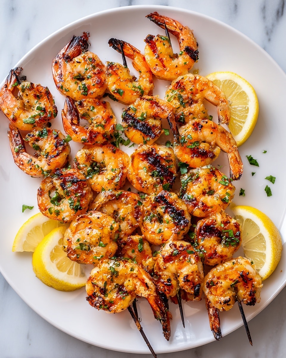 A white plate holds three wooden skewers of grilled shrimp, each shrimp showing charred grill marks and a light golden-orange color with green herbs sprinkled on top. The shrimp are slightly curled with orange tails visible at one end. Two lemon slices, bright yellow with visible texture, are placed on opposite sides of the plate. Small pieces of chopped green herbs are scattered around the plate for decoration. The plate sits on a white marbled surface. photo taken with an iphone --ar 4:5 --v 7
