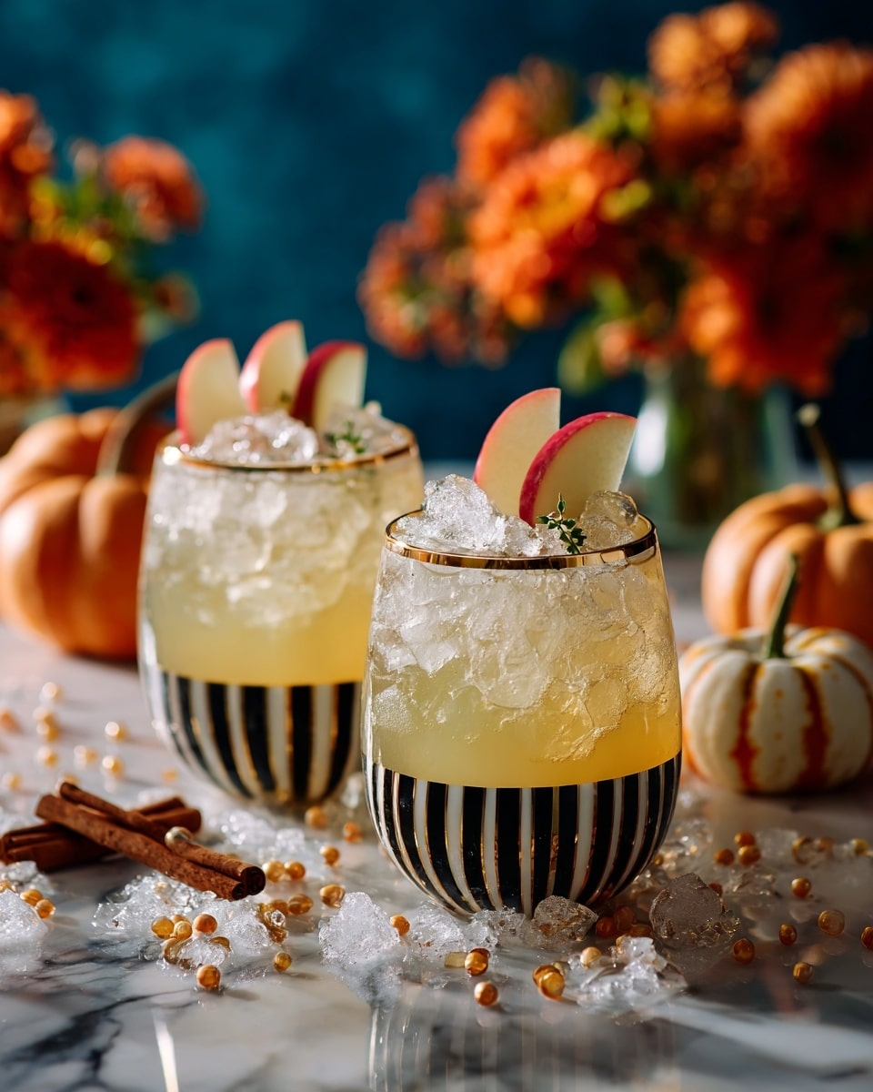 A clear glass pumpkin-shaped bowl filled with a drink showing light brown liquid and sliced green and red apples, covered with a matching glass lid topped by a gold stem; the bowl is surrounded by small white and orange decorative pumpkins and scattered ice pieces on a white marbled surface, with a vibrant blue background and a few orange hanging dried flowers at the top right corner photo taken with an iphone --ar 4:5 --v 7