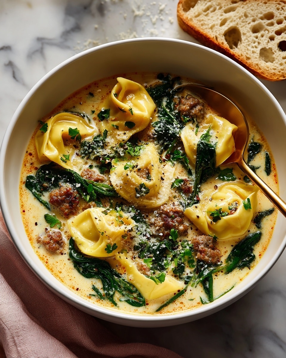 A white bowl filled with creamy orange soup that has five large yellow tortellini pieces floating on top, mixed with dark green kale leaves and small brown sausage chunks scattered throughout. There is a sprinkle of grated cheese over the soup's surface, adding a light speckled texture. A silver spoon is partially submerged on the right side of the bowl. To the top right of the bowl, there is a piece of beige rustic bread with a rough holey texture on a white marbled surface. The image has natural light and soft shadows. photo taken with an iphone --ar 4:5 --v 7