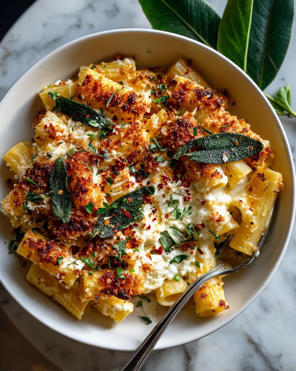 A white bowl filled with baked pasta layered with a golden, bubbly cheese crust on top with some melted creamy cheese beneath. The pasta pieces are rigatoni, showing a warm orange color from the sauce and cheese. There are visible sprinkles of grated cheese and small red chili flakes on top. A silver fork rests inside the bowl on a white marbled surface with three sage green leaves nearby. Some cheese threads stretch out over the pasta, adding texture. Photo taken with an iphone --ar 4:5 --v 7