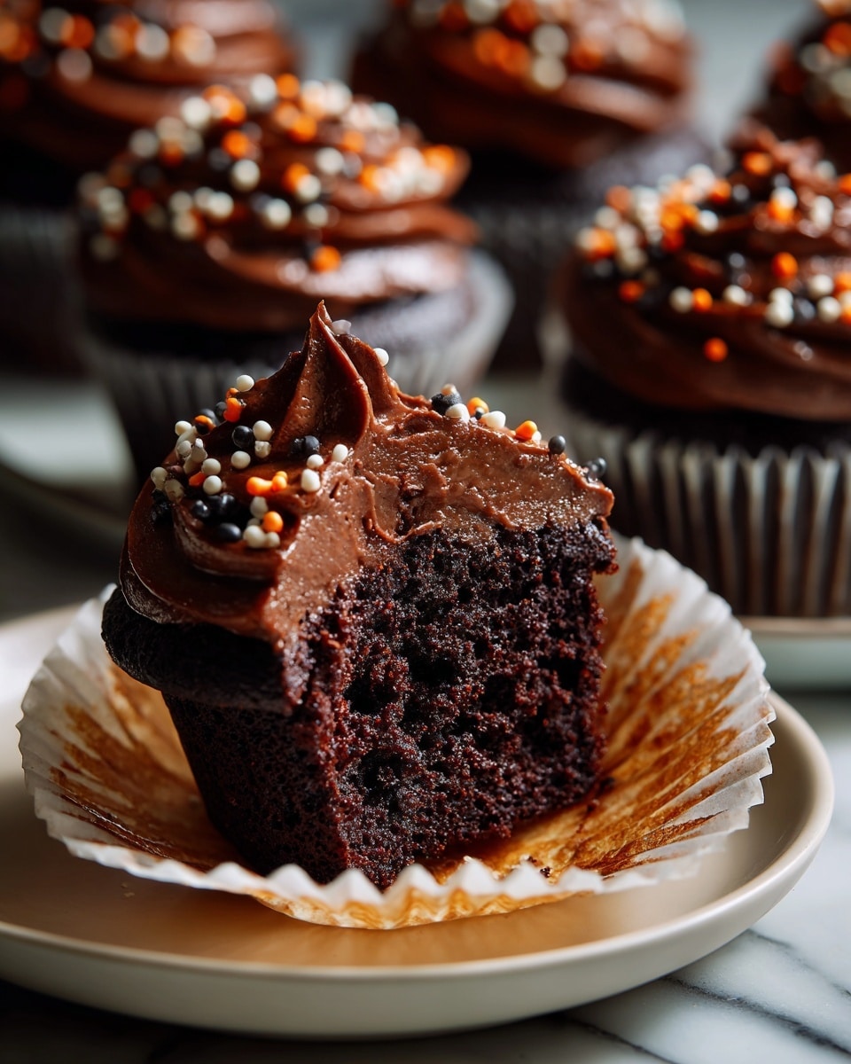 A dark chocolate cupcake with three layers: the bottom layer is a rich, moist black cake visible on the inside where it is cut, the middle layer is a swirl of thick, smooth dark chocolate frosting, topped with small round sprinkles in orange, white, and black. The cupcake liner is white with black vertical stripes, and the cupcake sits on a white plate on a white marbled surface. In the background, there are more chocolate cupcakes with the same frosting and sprinkles, slightly out of focus, creating depth. photo taken with an iphone --ar 4:5 --v 7