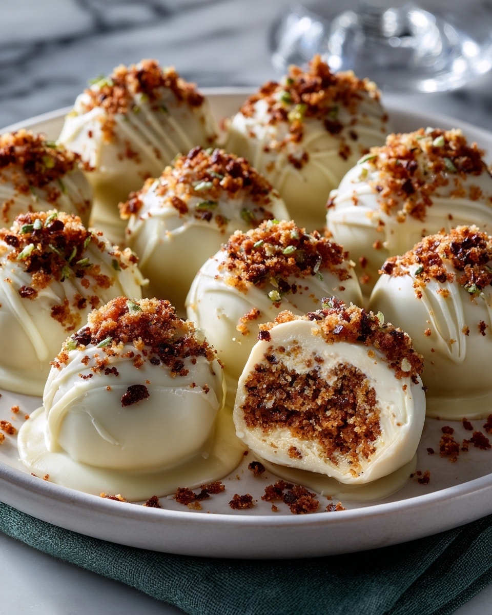 Round white chocolate balls, around twelve in total, are placed on a green cloth that rests on a white plate. Each ball has a smooth, shiny layer of white chocolate with small brown crumb sprinkles on top. One ball is broken in half, showing a thick, dense brown filling inside with a slightly rough texture. The balls are grouped close together in a casual arrangement on the cloth, with a white marbled surface background. photo taken with an iphone --ar 4:5 --v 7