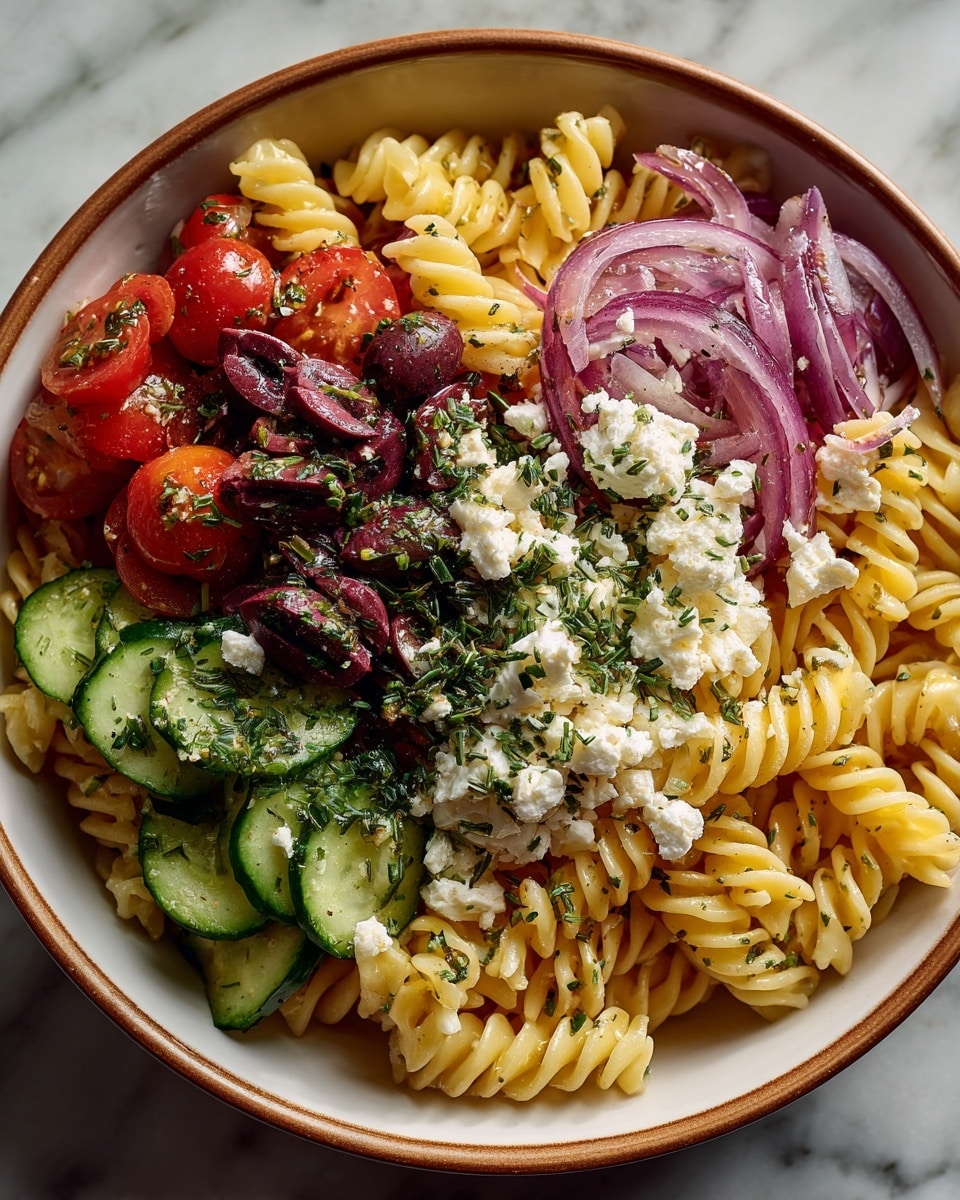 A bowl of pasta salad is shown with four main layers. The first base layer is light yellow spiral pasta, filling most of the bowl. On top of this, there are green cucumber slices and red cherry tomato halves scattered evenly around. The third layer has sliced purple onion rings and dark purple olives spread among the vegetables. The final layer is white crumbled cheese sprinkled over everything, with dried green herbs adding extra texture. The bowl is white, placed on a white marbled surface. Photo taken with an iphone --ar 4:5 --v 7