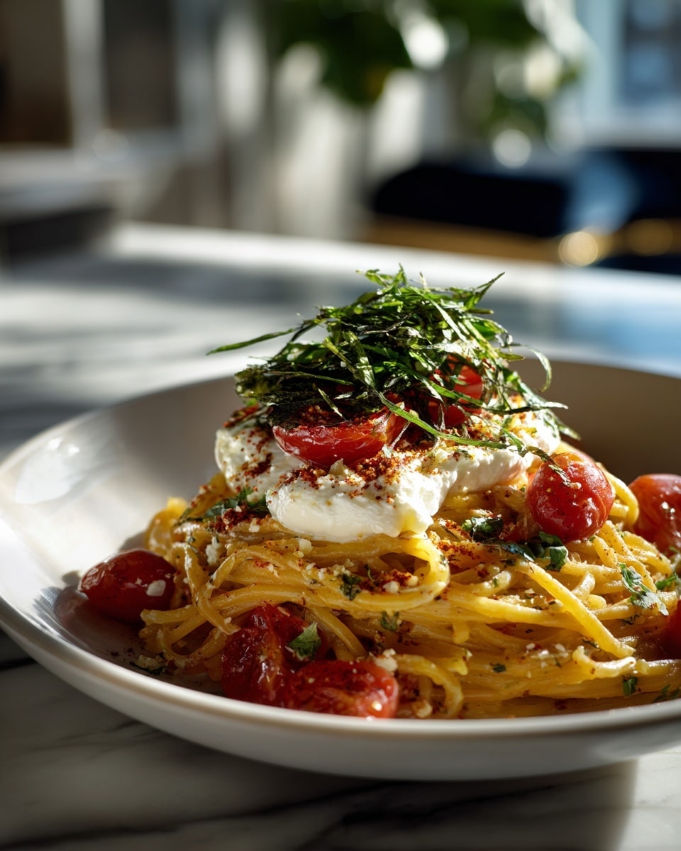 A pile of orange-colored spaghetti is placed at the center of a white plate with a white marbled texture background. The spaghetti has a slightly oily look with some red seasonings sprinkled on it. On top, there are bright red cherry tomatoes, some cut in halves and some whole. A dollop of white creamy soft cheese sits in the middle, surrounded by fresh green basil leaves thinly sliced and sprinkled over the dish. There is a light dusting of red spice powder on the cheese and around the plate edges giving a vibrant look. photo taken with an iphone --ar 4:5 --v 7