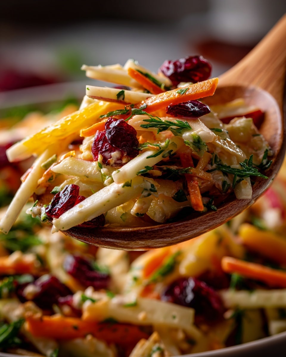 A close-up of a wooden spoon full of a colorful fruit and vegetable salad, layered with thin white strips of apple, bright orange segments, dark red dried cranberries, and thin orange carrot sticks, all mixed with a light creamy dressing that glistens on the ingredients. The background shows more of the salad with the same colorful layers, all set on a white marbled surface. The mix looks fresh and crisp with a natural shine on the fruit and veggies. Photo taken with an iphone --ar 4:5 --v 7