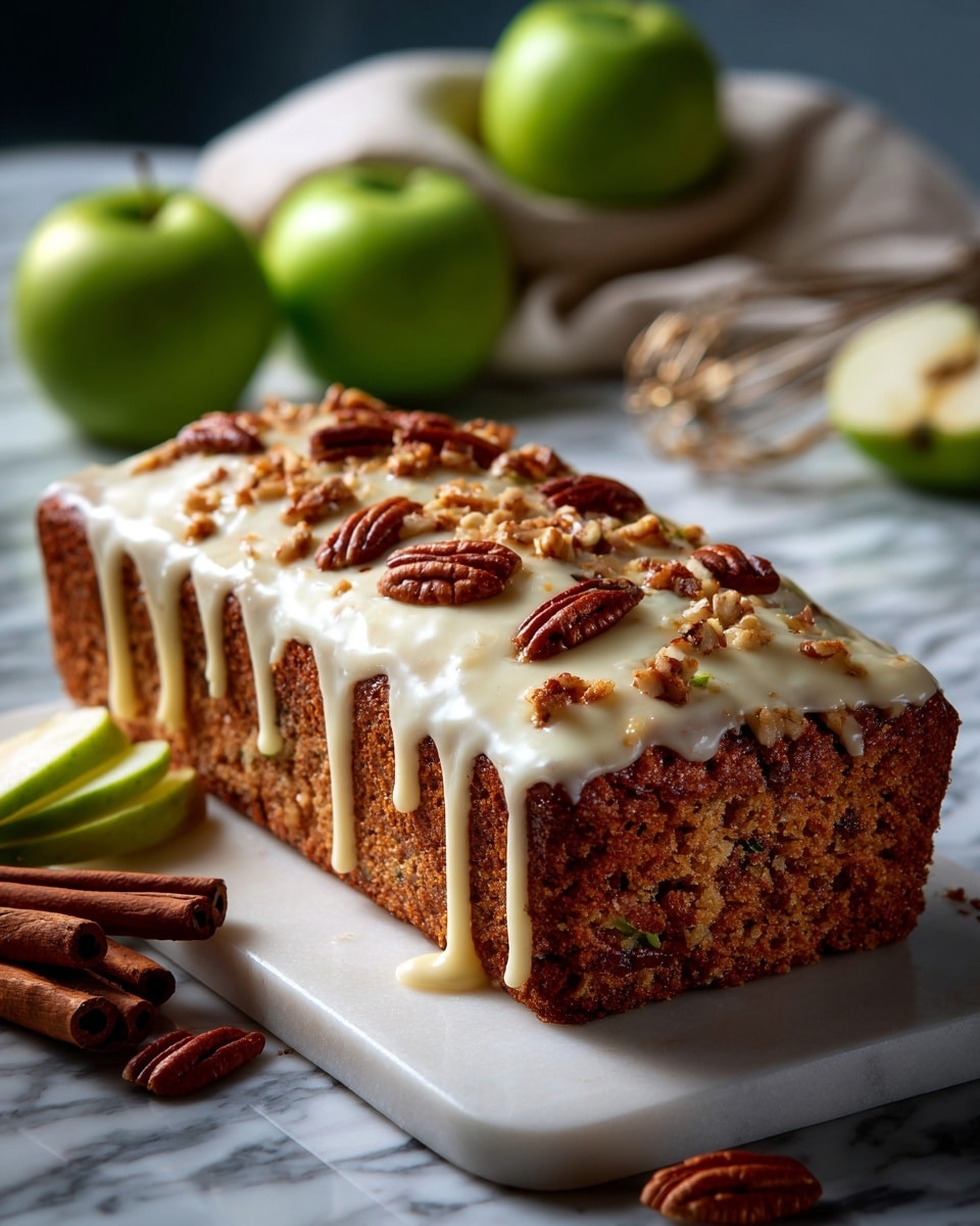 The image shows a loaf of apple cinnamon bread on a white plate with two slices cut from it. The bread has a brown loaf with many small apple chunks and a light cinnamon drizzle draped over the top, creating a glossy texture. The bread’s inside is soft and light brown with visible pieces of apple. Two cinnamon sticks lie beside the bread on the plate, and a small bowl with cinnamon sprinkled on a white creamy topping sits nearby. In the corner, a golden knife is partially visible, resting on the white marbled surface. A red apple is also partly shown near the bottom edge. photo taken with an iphone --ar 4:5 --v 7