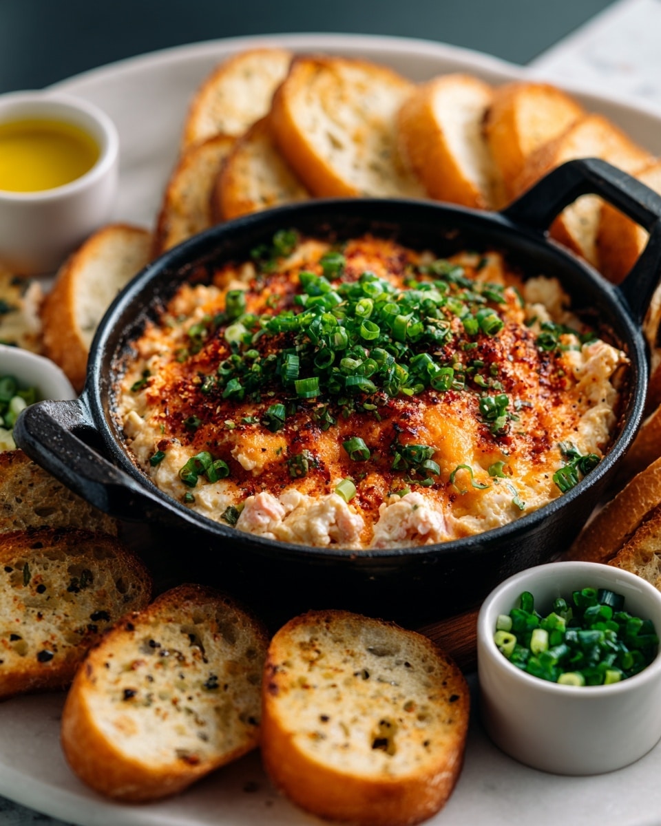 A round black cast iron pan holds a cheese dip with two layers: the bottom layer is a mix of creamy white and orange cheese with visible bits of green herbs and small orange pieces, while the top layer is melted cheese in white and orange shades, sprinkled with chopped green onions. The pan sits on a dark baking tray that also holds toasted slices of light brown bread scattered around it. Around the tray, on a white marbled surface, there are small white bowls filled with chopped green onions and yellow sauce with a mint leaf. A woman's hand reaches from the left side toward the bread slices. Photo taken with an iphone --ar 4:5 --v 7