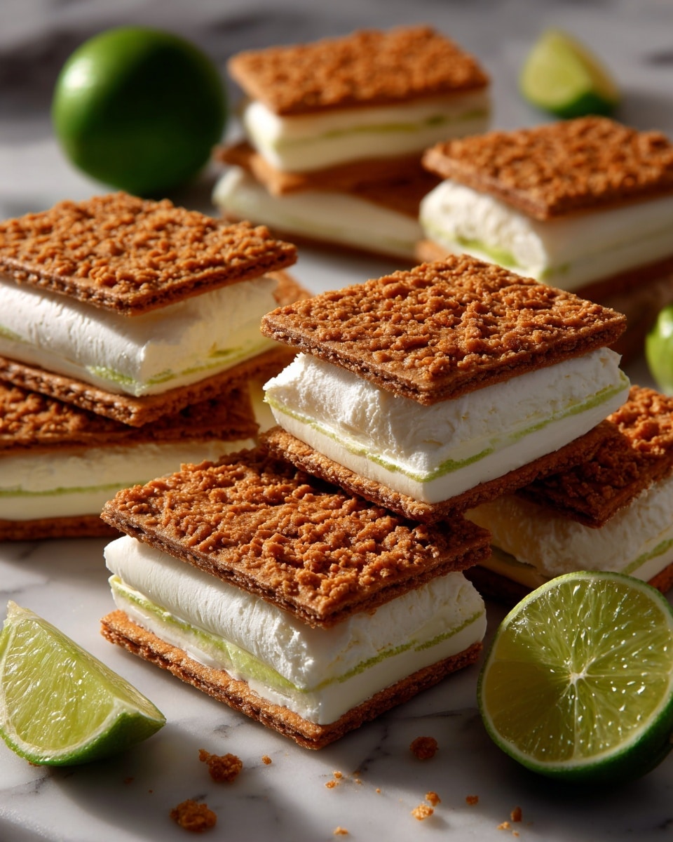 Multiple square ice cream sandwiches are arranged on a white marbled textured surface. Each sandwich has two light brown textured cookie layers on the top and bottom, with a thick, creamy white ice cream layer in the middle. The cookie layers show small holes and a slightly rough surface. Around the sandwiches, there are halved and whole green limes adding a fresh pop of color. The view is top-down showing the sandwiches closely placed next to each other. photo taken with an iphone --ar 4:5 --v 7
