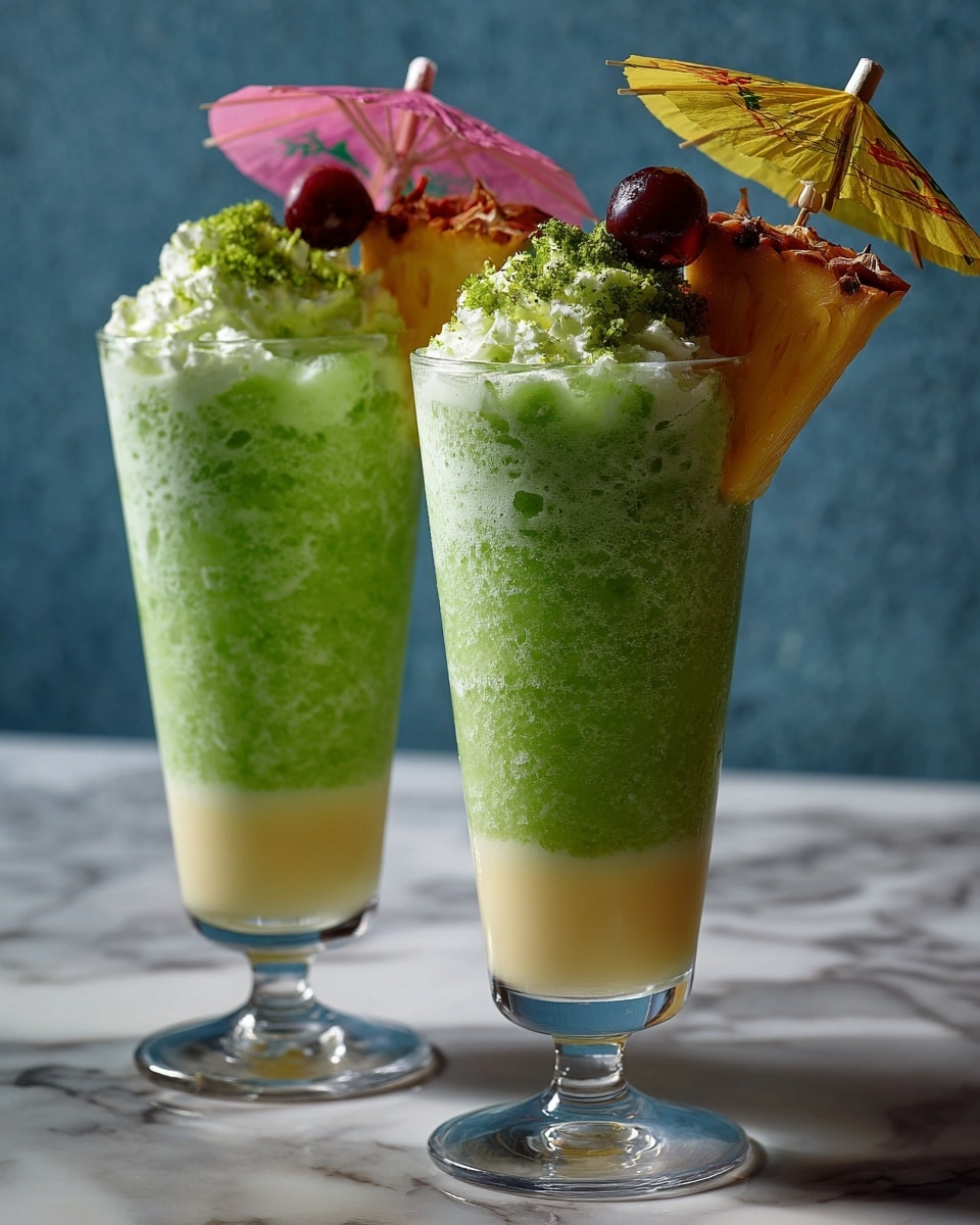 Two tall, clear glasses have a two-layered drink with a creamy light yellow layer at the bottom and a thick green layer with a frothy texture on top. Each glass is decorated with a wedge of pineapple on the rim and a dark red cherry resting in the foam. A small colorful paper umbrella, one pink and one yellow, is perched at the edge of each glass. The glasses sit on a white marbled surface, with pieces of coconut and a yellow umbrella scattered nearby. Photo taken with an iphone --ar 4:5 --v 7