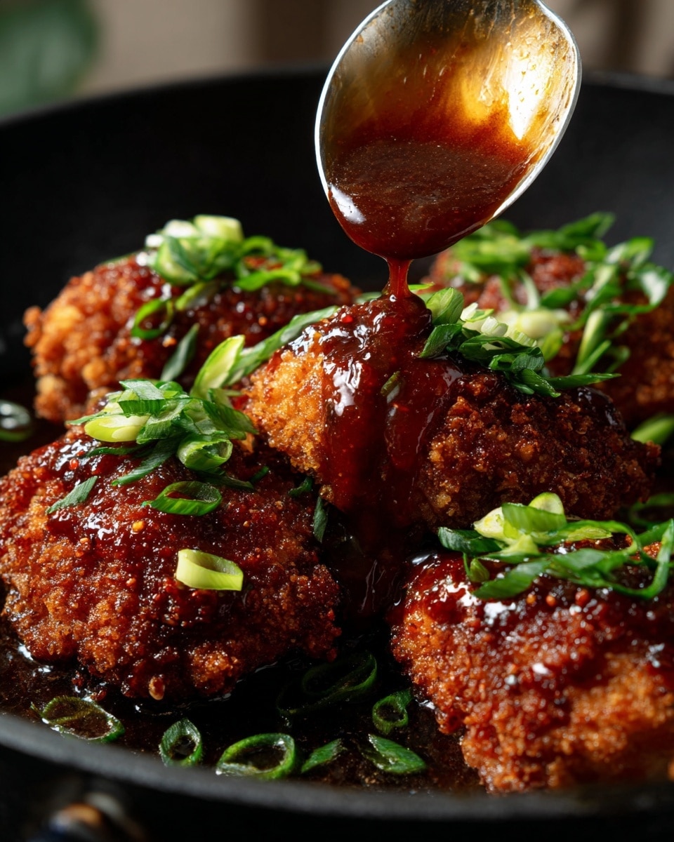 Four pieces of golden-brown fried chicken sit in a black pan, each coated with a thick, shiny layer of rich brown sauce. The sauce is being poured over one piece from a white spoon, adding a smooth and glossy texture on top. Bright green slices of fresh scallions are sprinkled on the chicken, adding a pop of color that contrasts with the warm colors of the sauce and crispy chicken. The black pan has some shiny oil spots reflecting light, and the whole scene sits against a white marbled texture. photo taken with an iphone --ar 4:5 --v 7