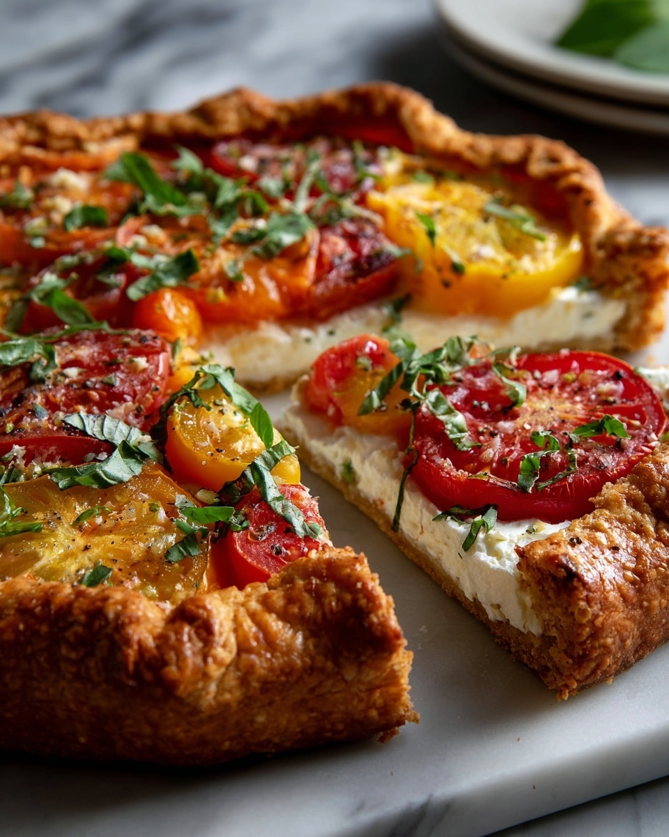 A rustic galette on white parchment paper with a thick, golden-brown crust folded unevenly around the edges creating a rough, layered border. Inside, there are layers of bright red and yellow tomato slices with a glossy texture, scattered creamy white melted cheese pieces with slight browning on top, and fresh green basil and small herb leaves sprinkled over the surface. The galette is cut into several slices, with one slice slightly pulled out, showing the layered crust and tomato filling. The backdrop is a white marbled surface with scattered crumbs and herbs, accompanied by a knife with a wooden handle placed near the galette photo taken with an iphone --ar 4:5 --v 7
